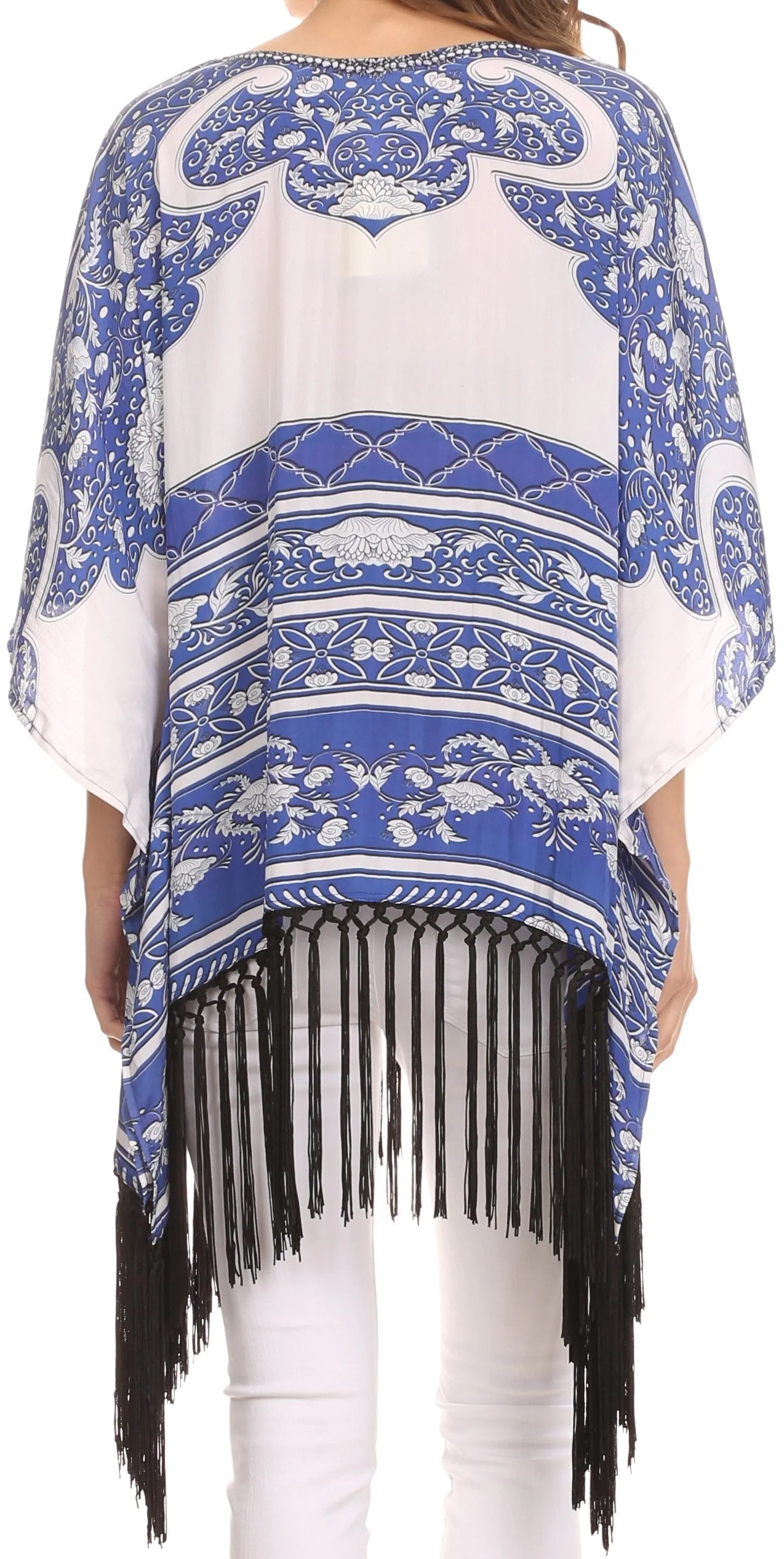 Sakkas Short Poncho Tatum Poncho Top Shirt Blouse With Knotted Fringe Tassles