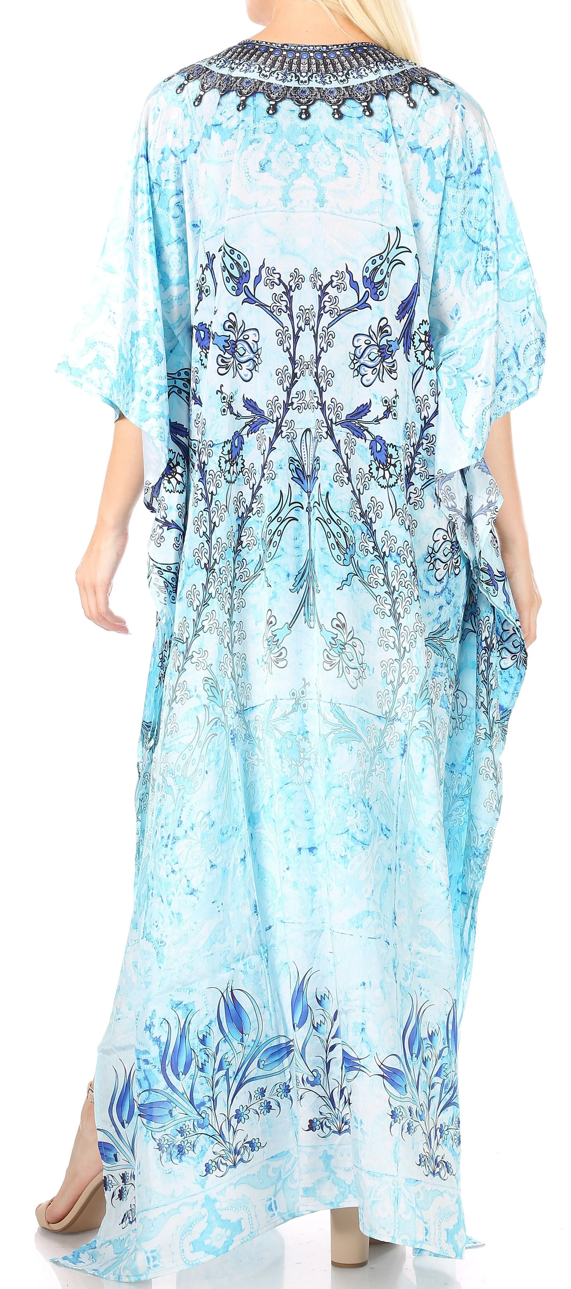 Sakkas Yeni Women's Short Sleeve V-neck Summer Floral Long Caftan Dress Cover-up