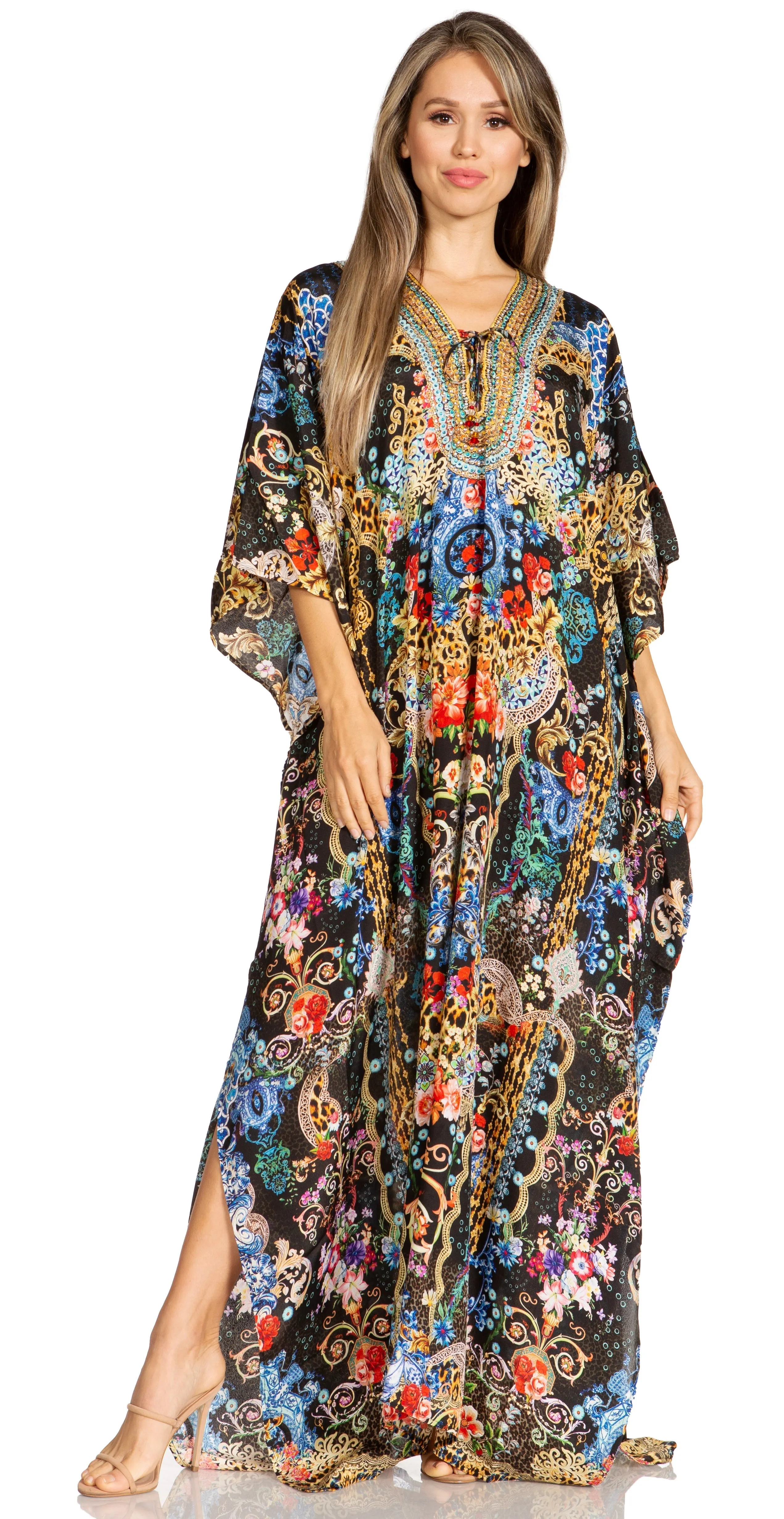 Sakkas Yeni Women's Short Sleeve V-neck Summer Floral Long Caftan Dress Cover-up