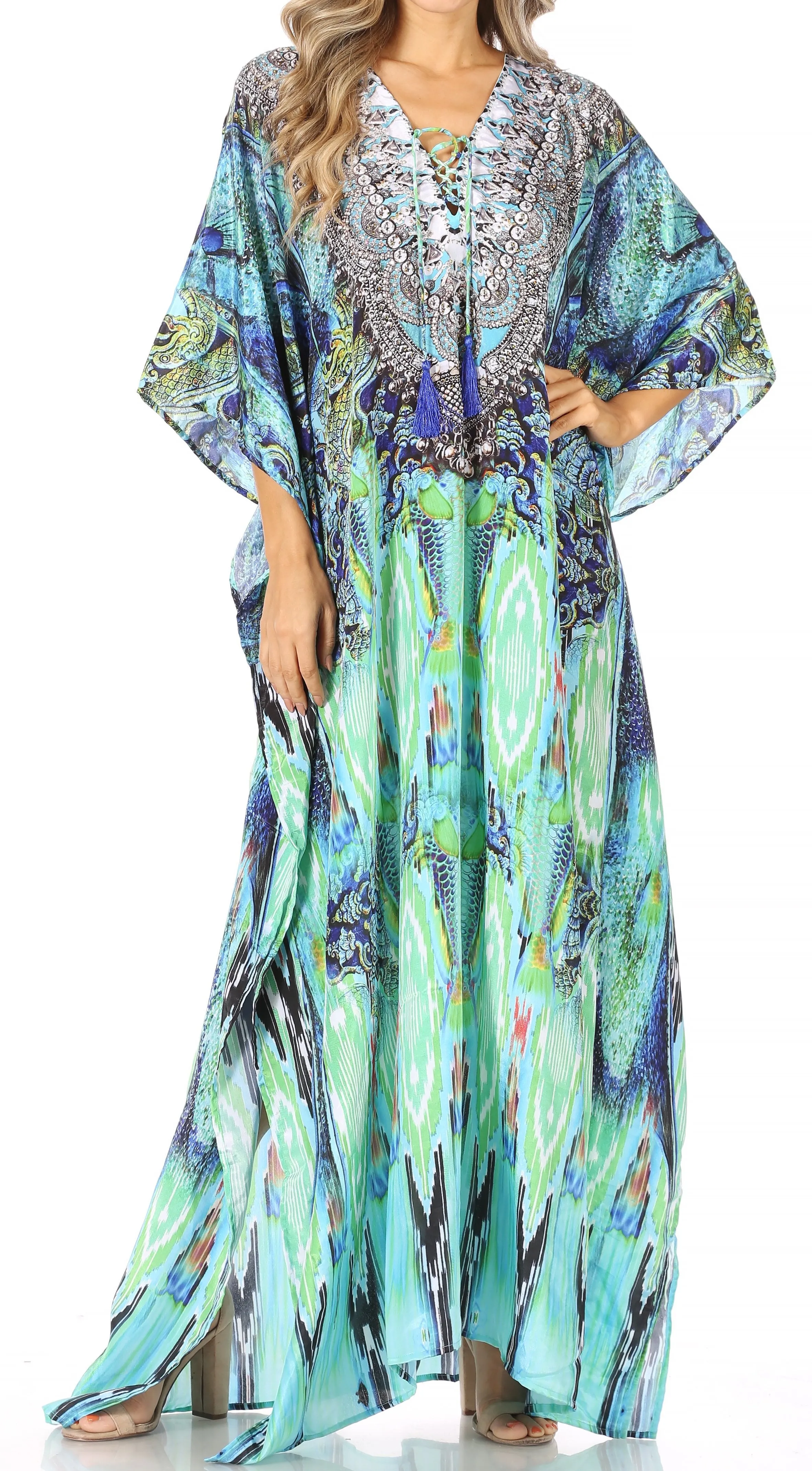 Sakkas Yeni Women's Short Sleeve V-neck Summer Floral Long Caftan Dress Cover-up