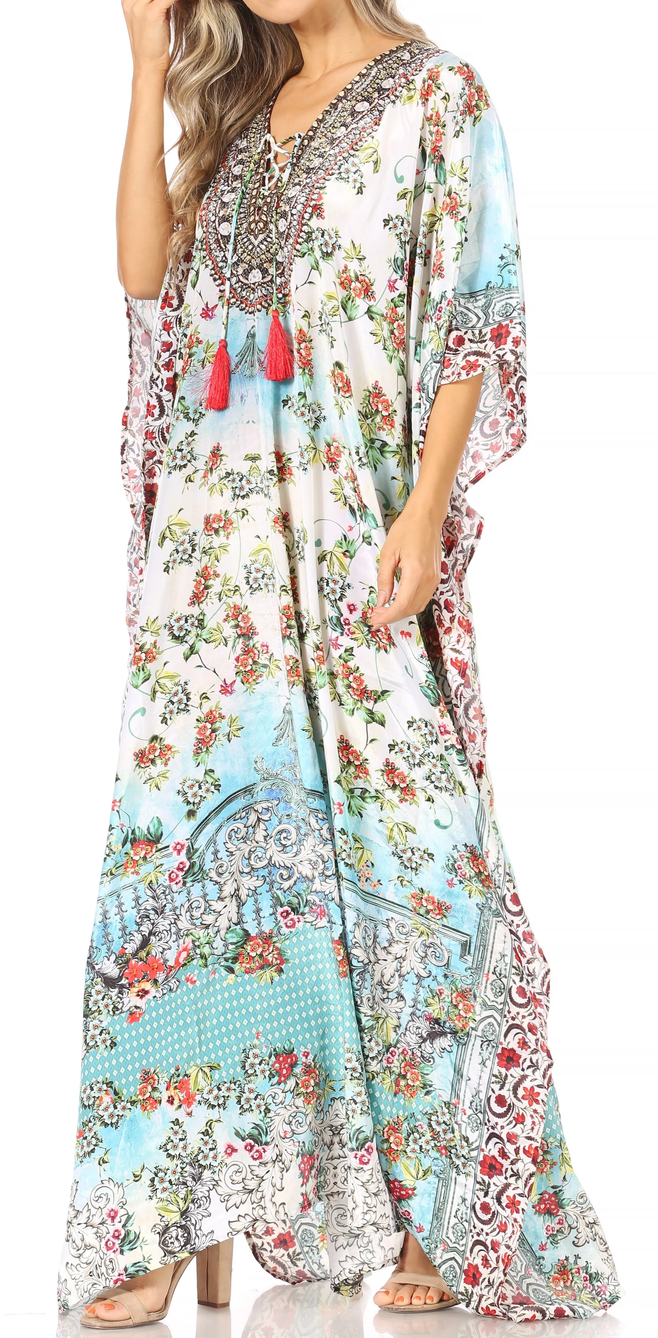 Sakkas Yeni Women's Short Sleeve V-neck Summer Floral Long Caftan Dress Cover-up