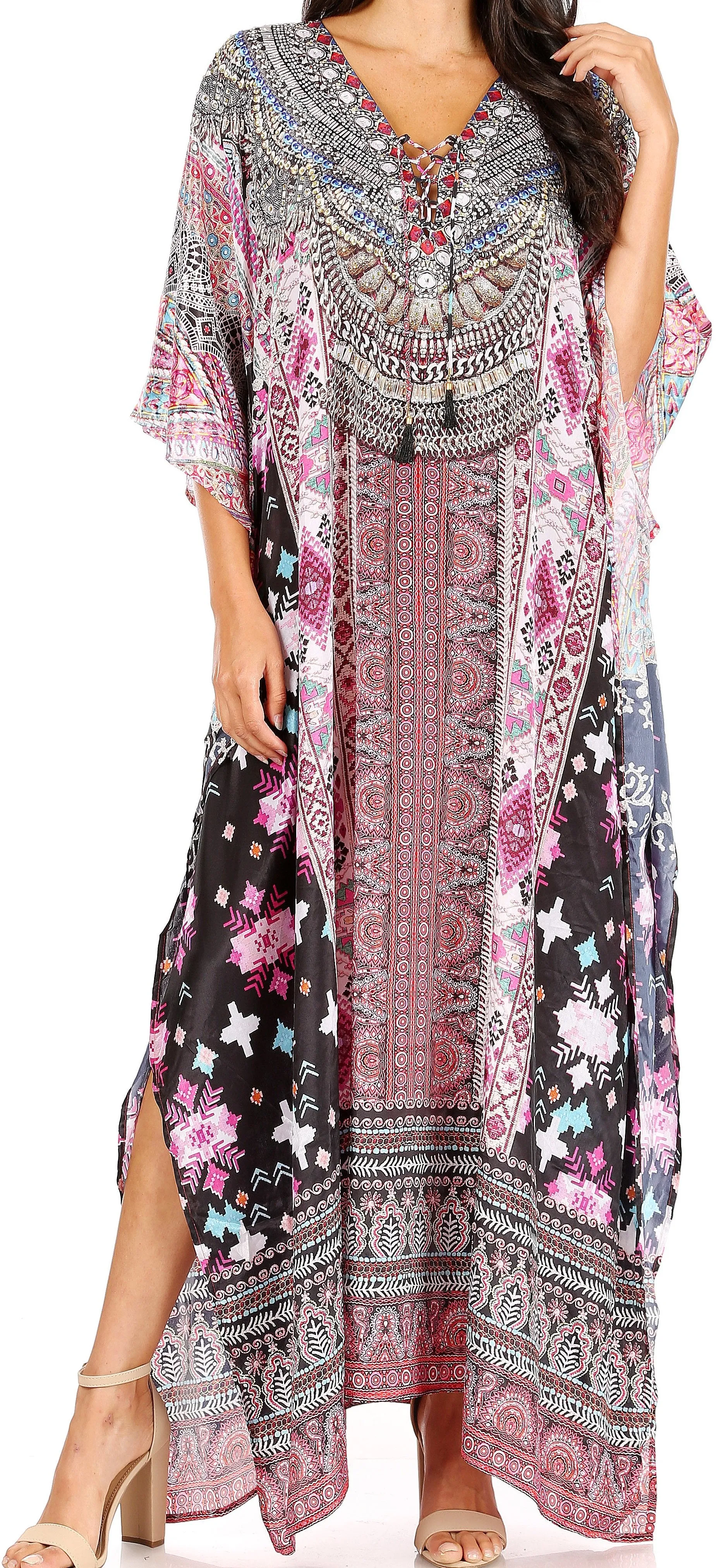 Sakkas Yeni Women's Short Sleeve V-neck Summer Floral Long Caftan Dress Cover-up