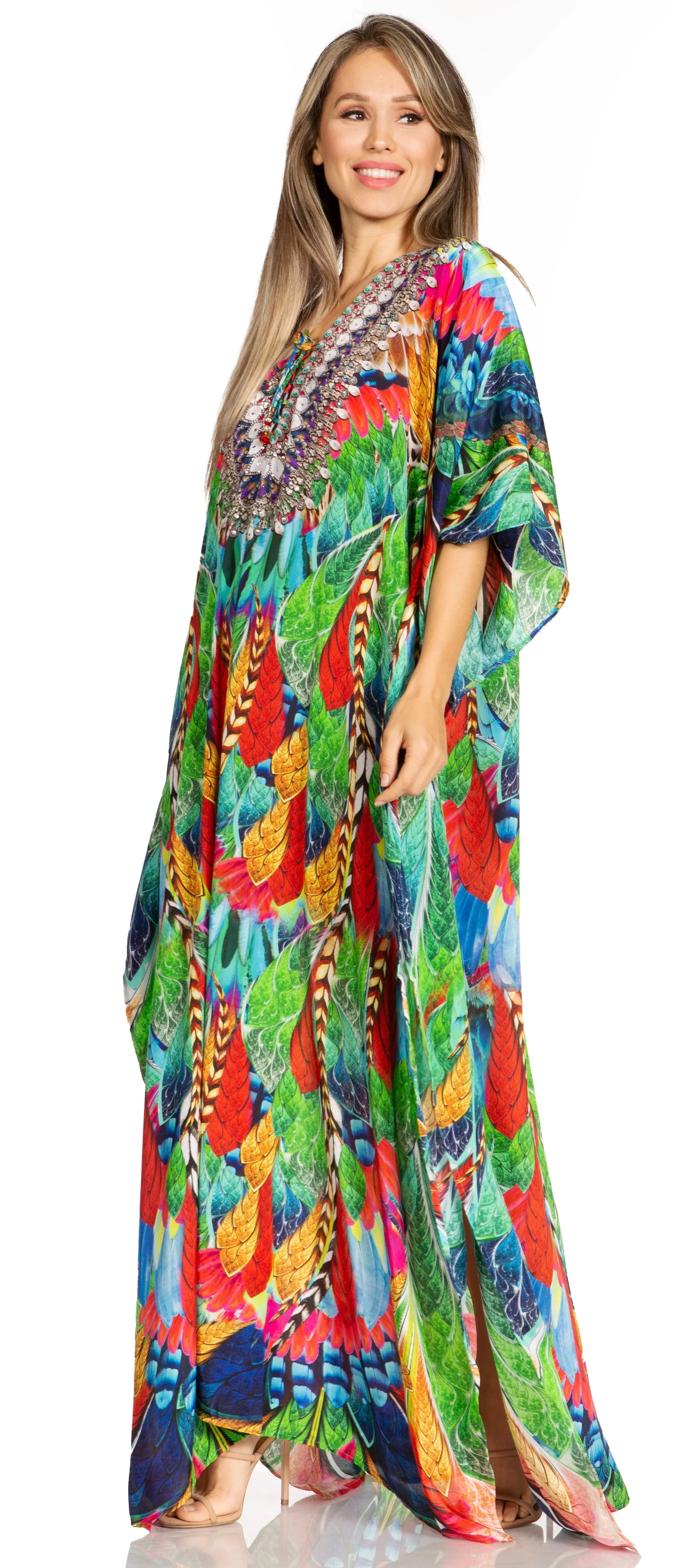 Sakkas Yeni Women's Short Sleeve V-neck Summer Floral Long Caftan Dress Cover-up