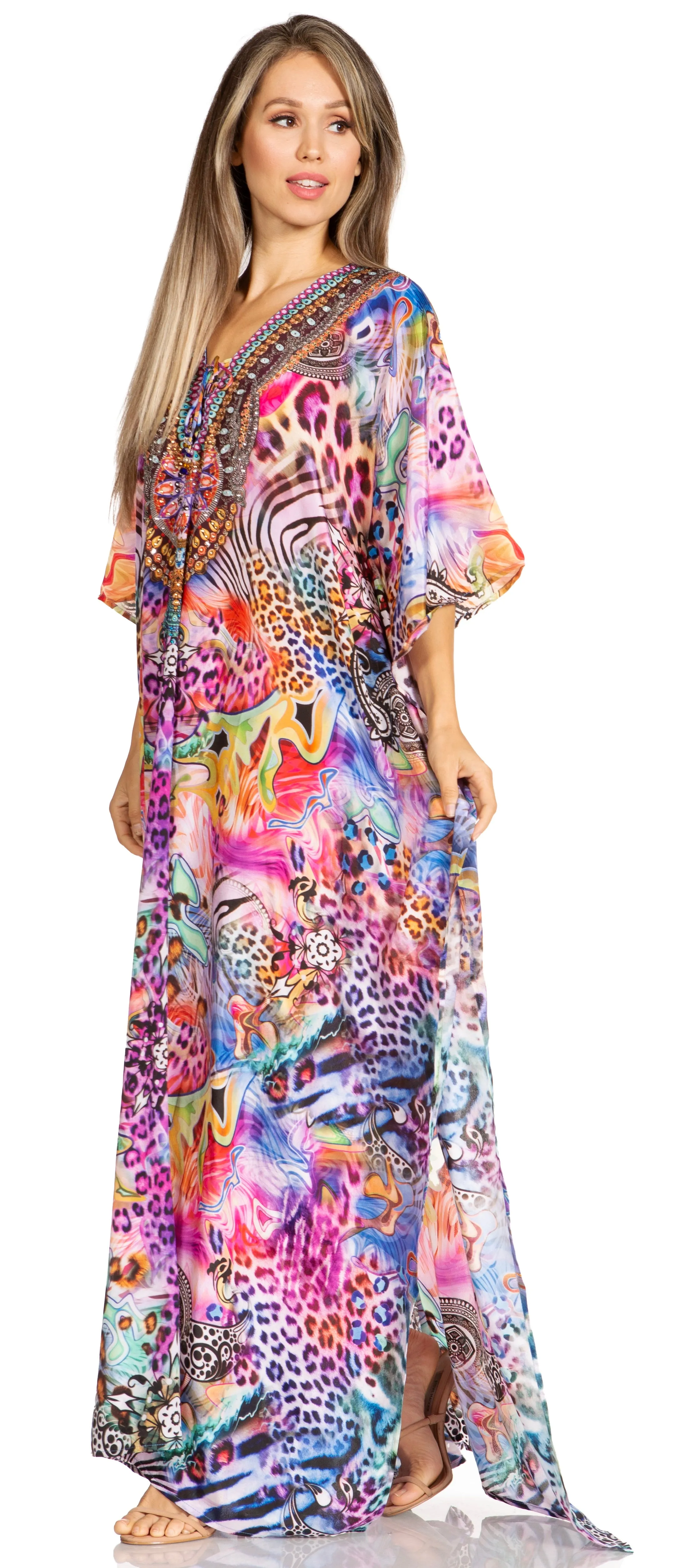 Sakkas Yeni Women's Short Sleeve V-neck Summer Floral Long Caftan Dress Cover-up