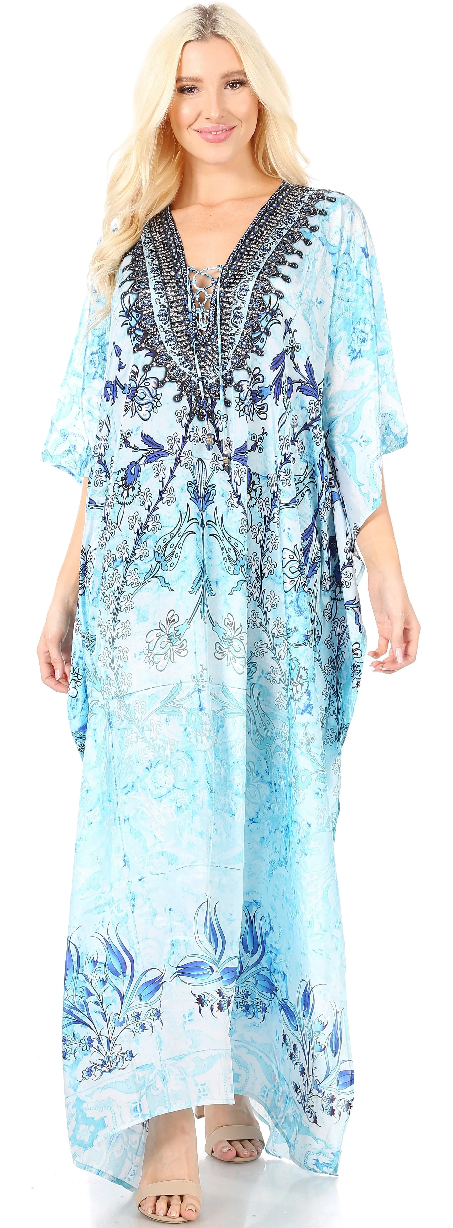 Sakkas Yeni Women's Short Sleeve V-neck Summer Floral Long Caftan Dress Cover-up