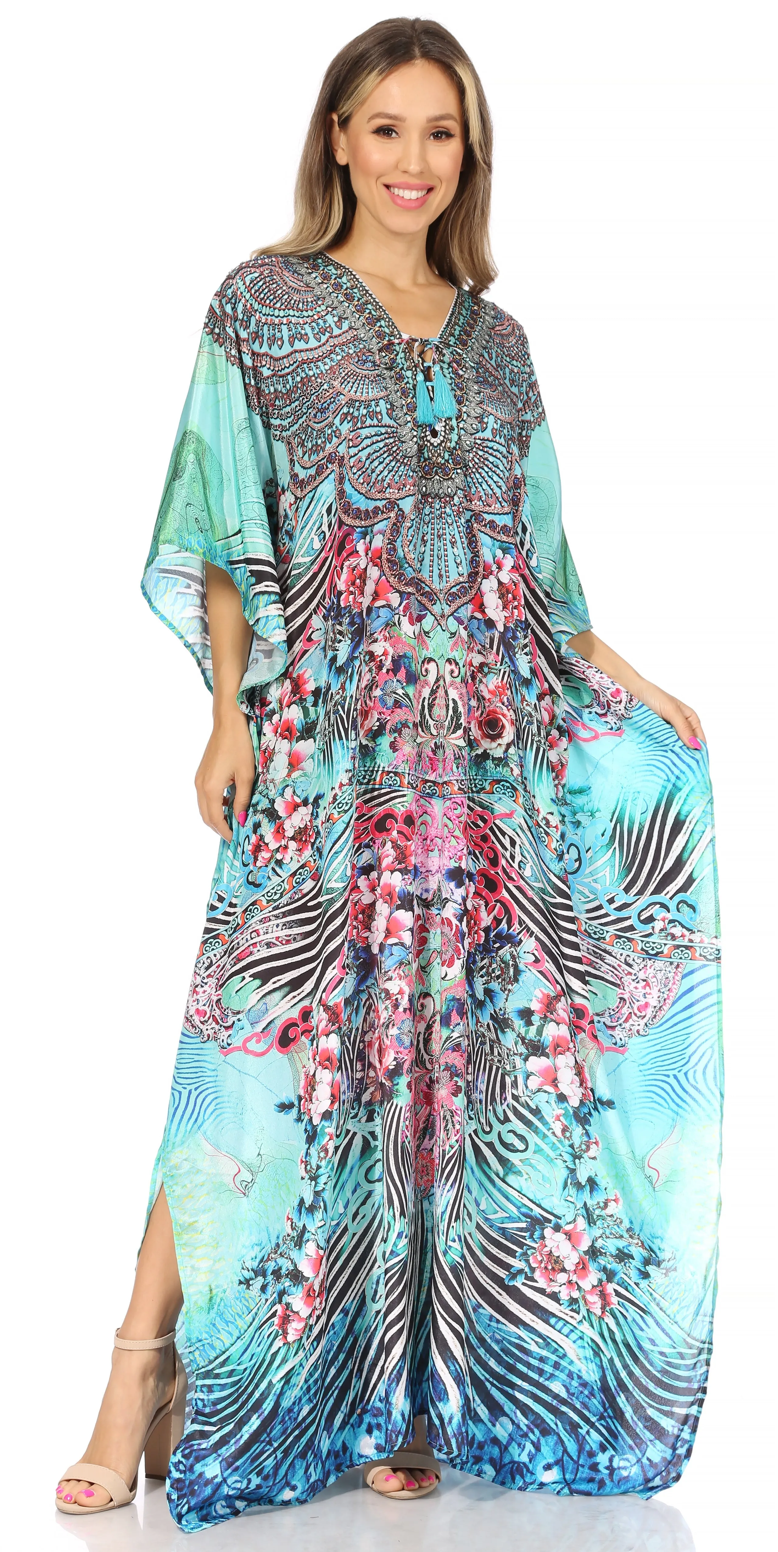 Sakkas Yeni Women's Short Sleeve V-neck Summer Floral Long Caftan Dress Cover-up