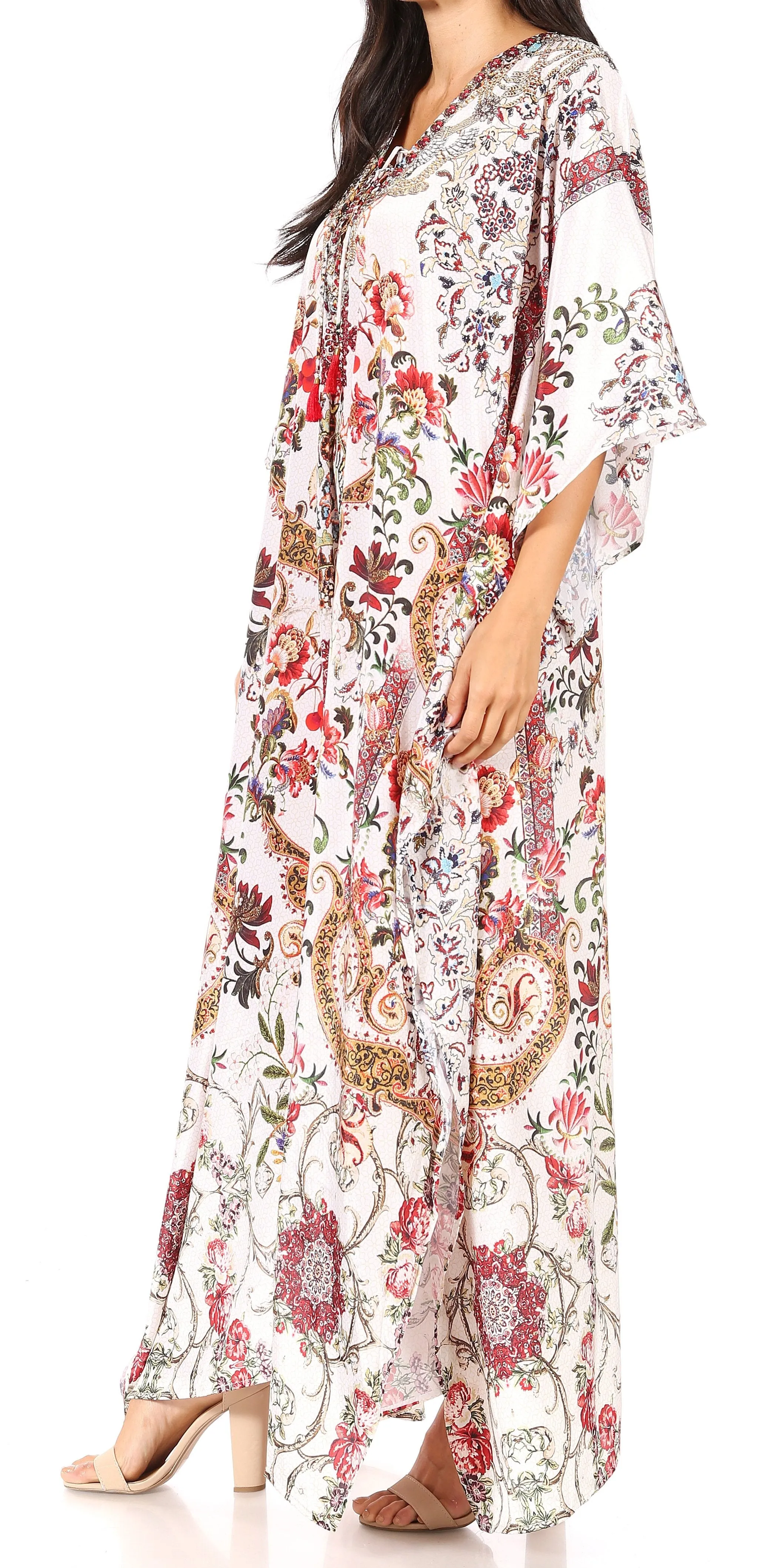 Sakkas Yeni Women's Short Sleeve V-neck Summer Floral Long Caftan Dress Cover-up