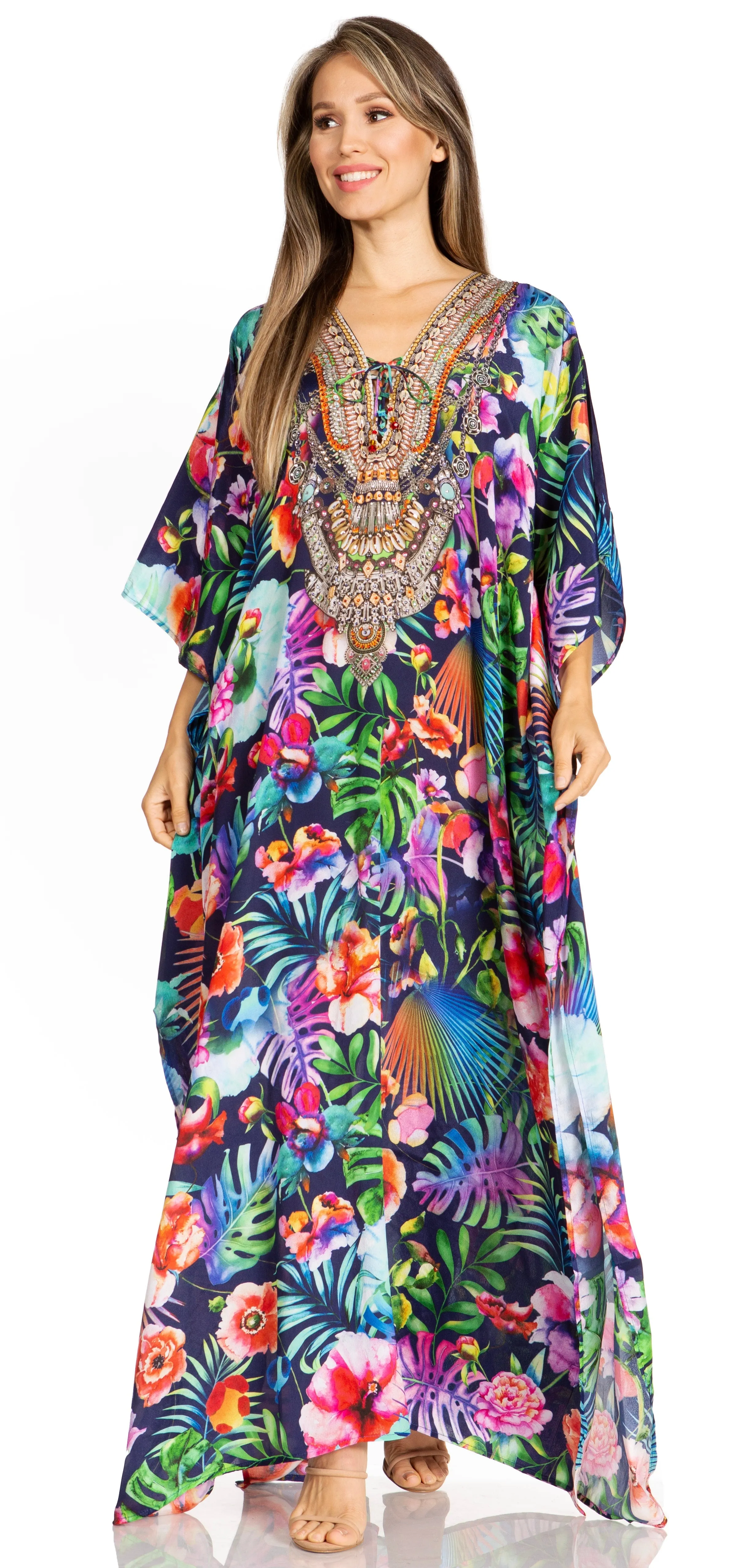 Sakkas Yeni Women's Short Sleeve V-neck Summer Floral Long Caftan Dress Cover-up