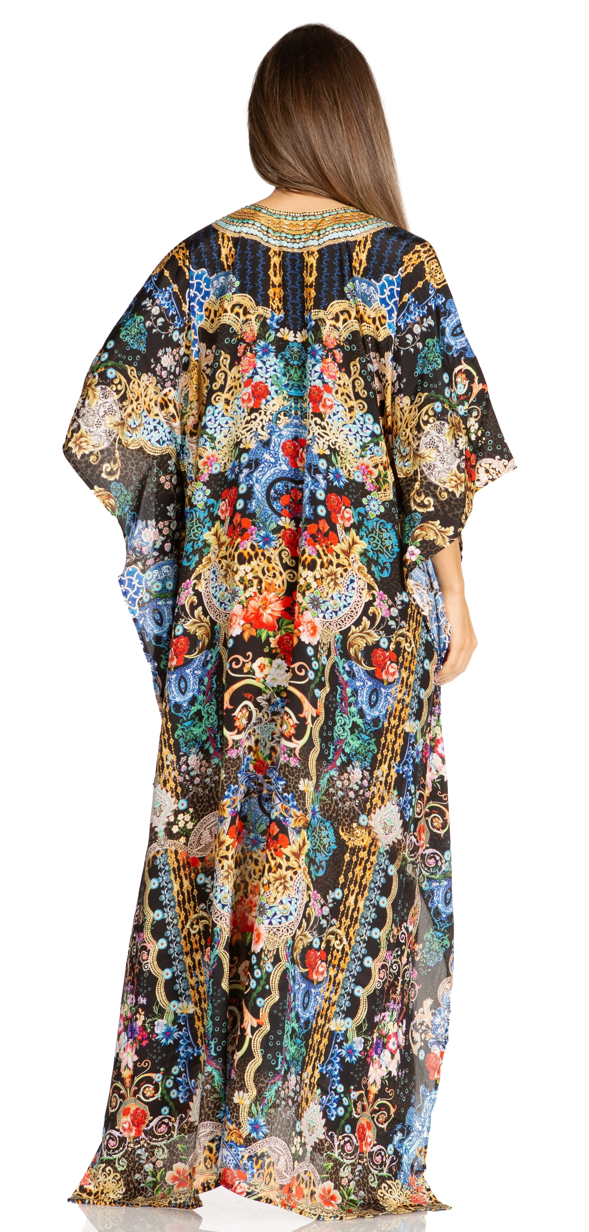 Sakkas Yeni Women's Short Sleeve V-neck Summer Floral Long Caftan Dress Cover-up