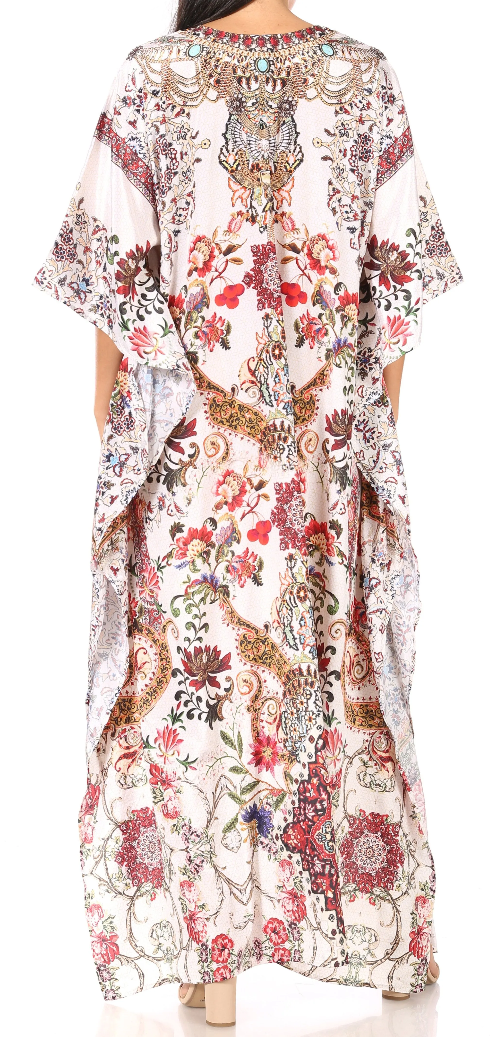 Sakkas Yeni Women's Short Sleeve V-neck Summer Floral Long Caftan Dress Cover-up