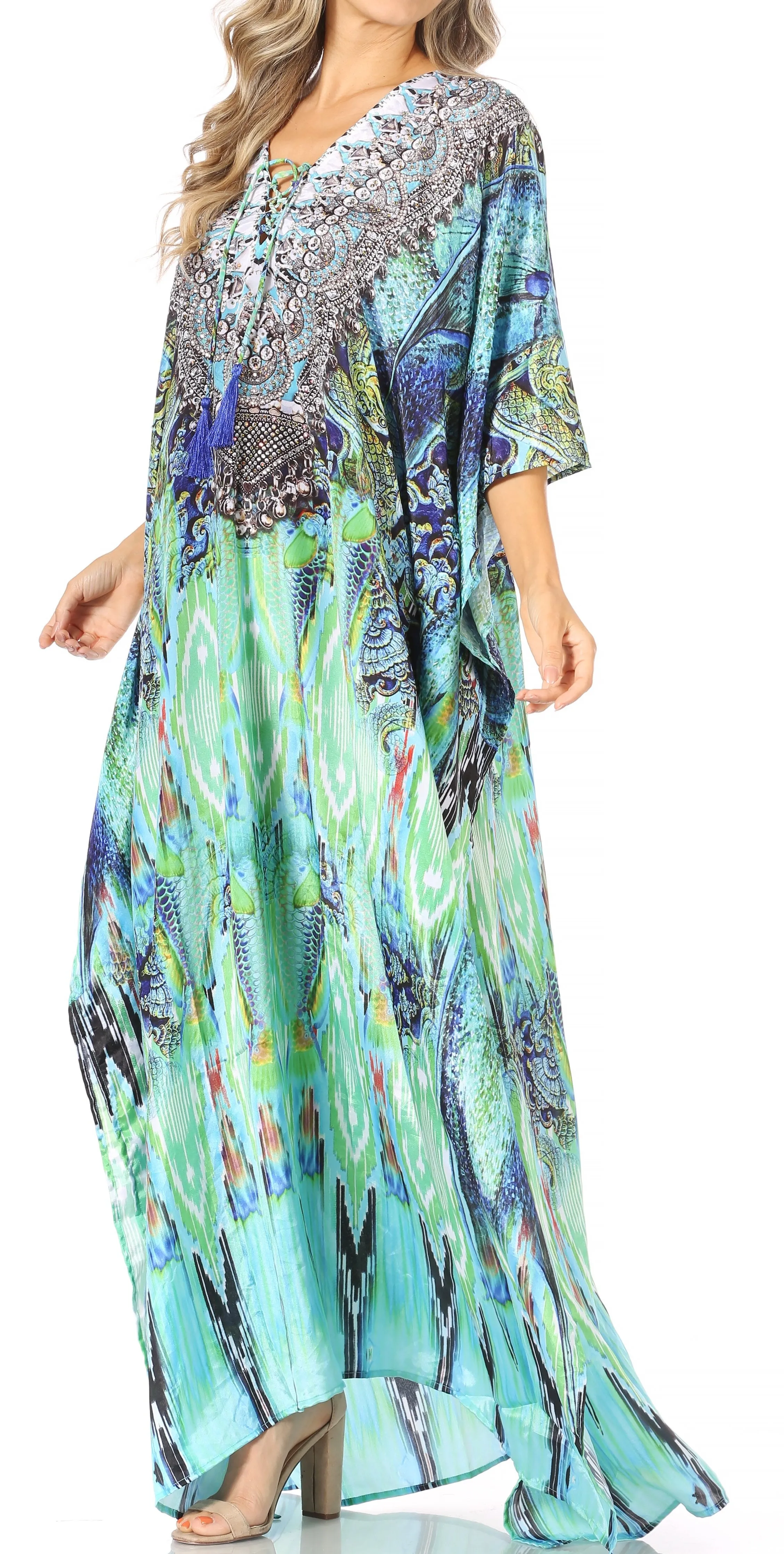 Sakkas Yeni Women's Short Sleeve V-neck Summer Floral Long Caftan Dress Cover-up