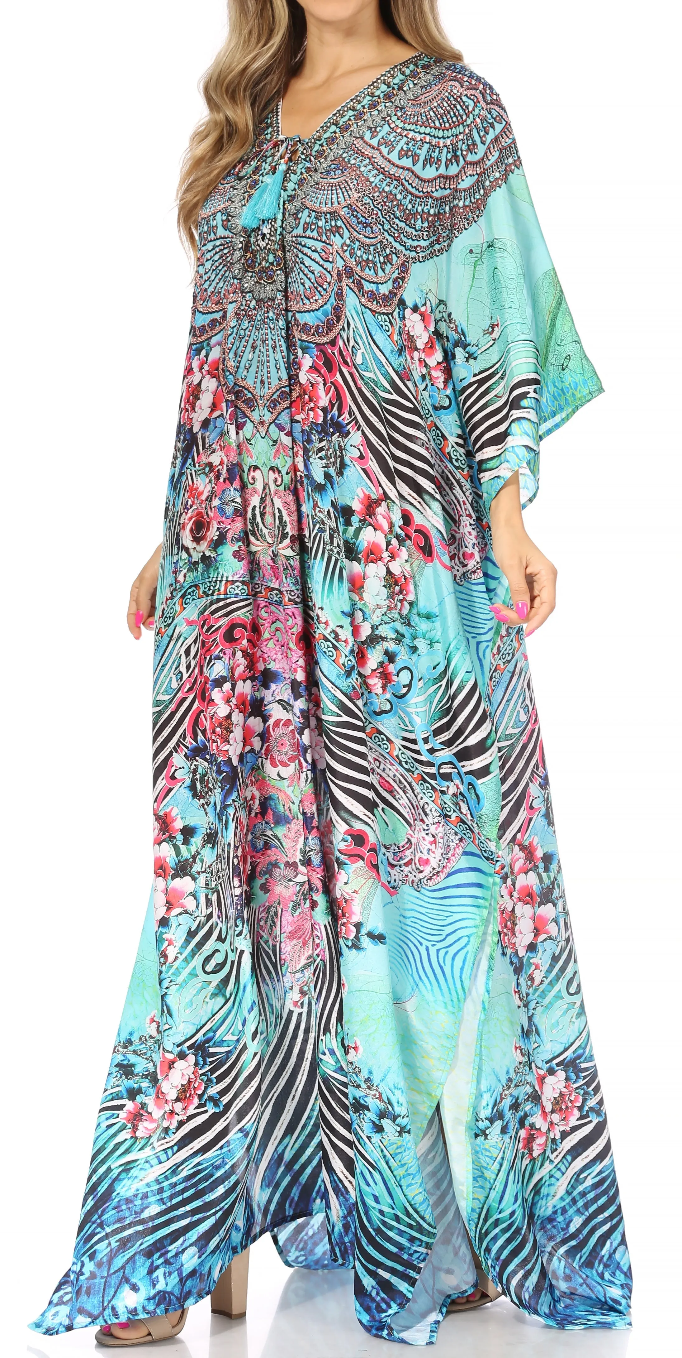 Sakkas Yeni Women's Short Sleeve V-neck Summer Floral Long Caftan Dress Cover-up