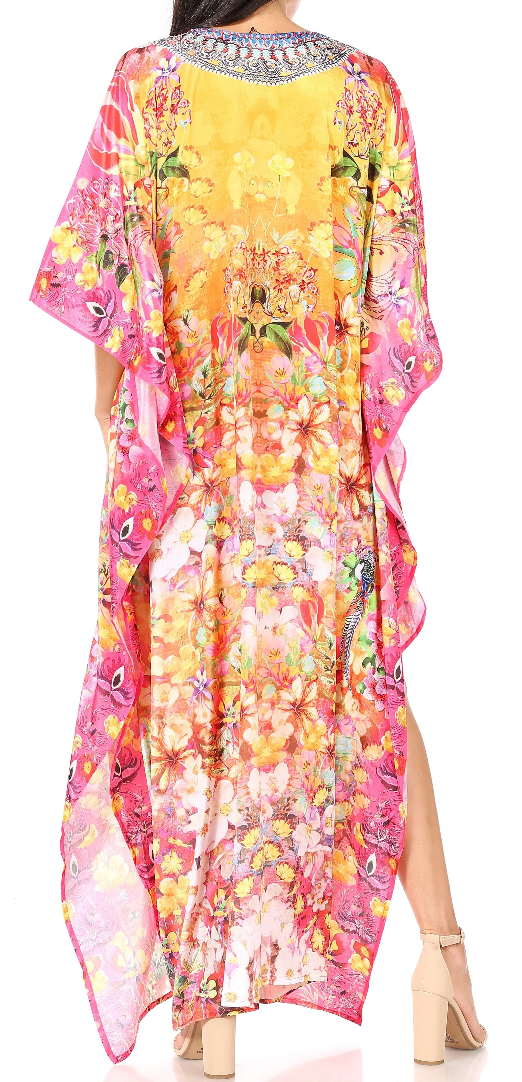 Sakkas Yeni Women's Short Sleeve V-neck Summer Floral Long Caftan Dress Cover-up