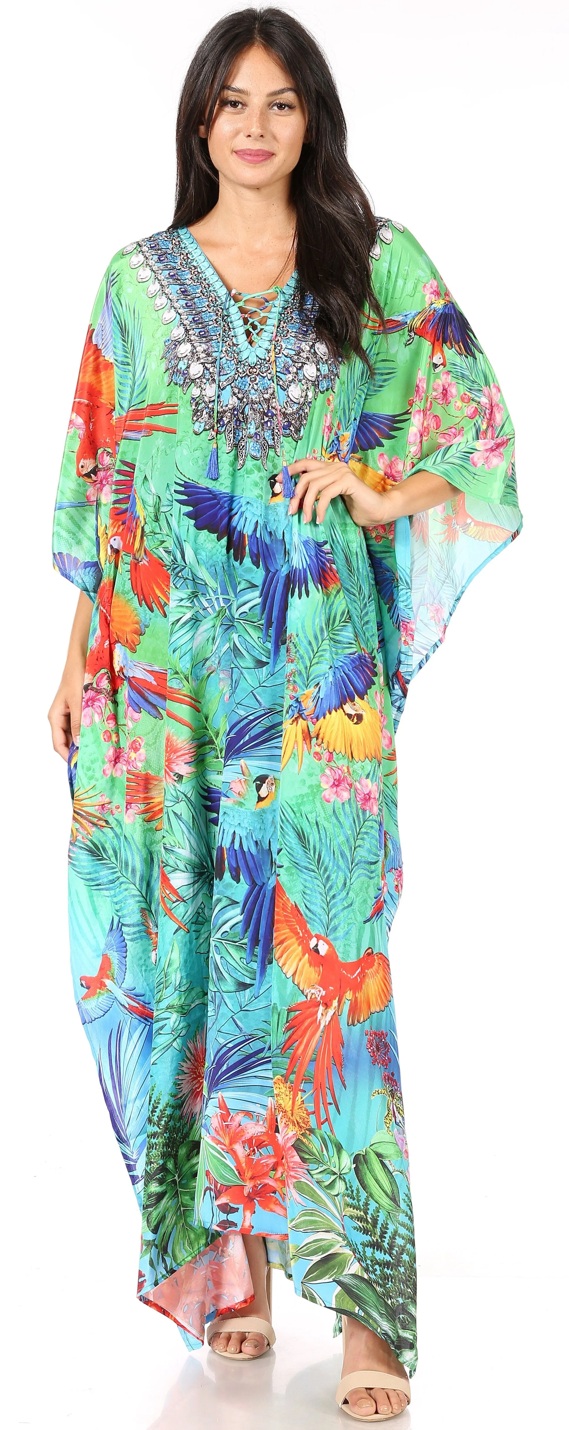 Sakkas Yeni Women's Short Sleeve V-neck Summer Floral Long Caftan Dress Cover-up