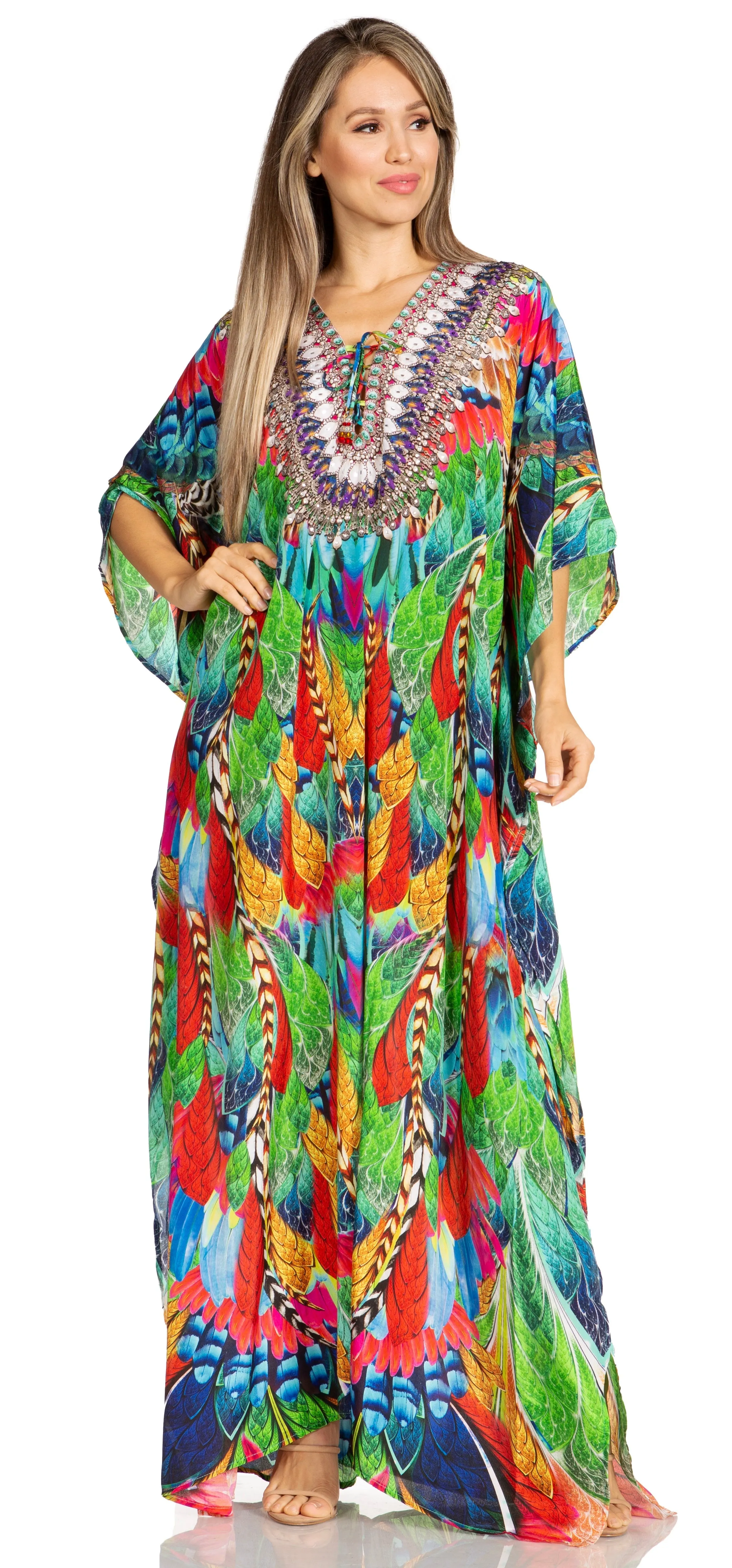 Sakkas Yeni Women's Short Sleeve V-neck Summer Floral Long Caftan Dress Cover-up