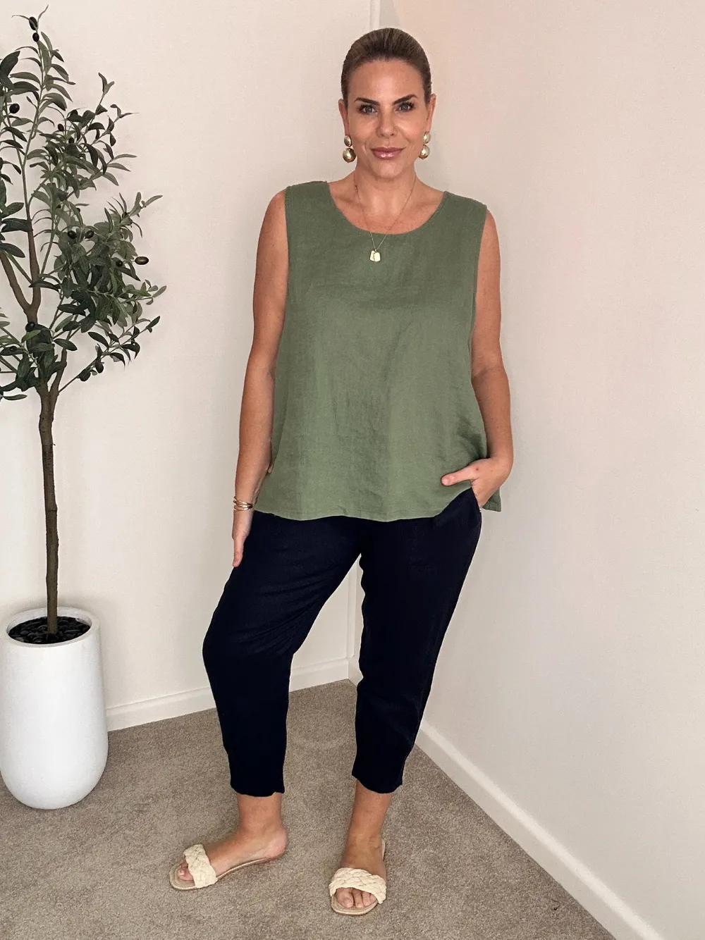 Sara Side Button Cami - Khaki