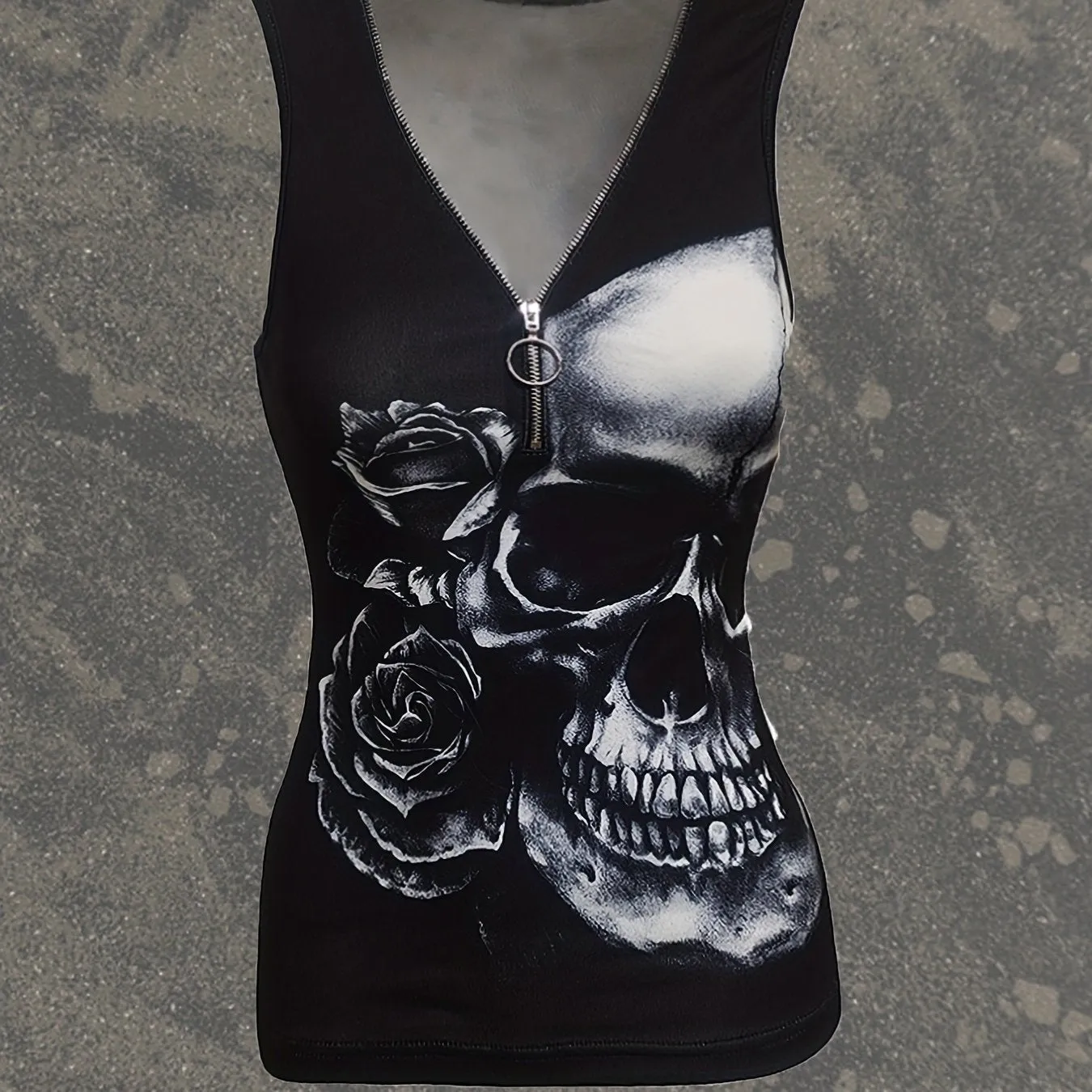 Skull  Flower Print Sleeveless Tank Casual Summer VNeck Top