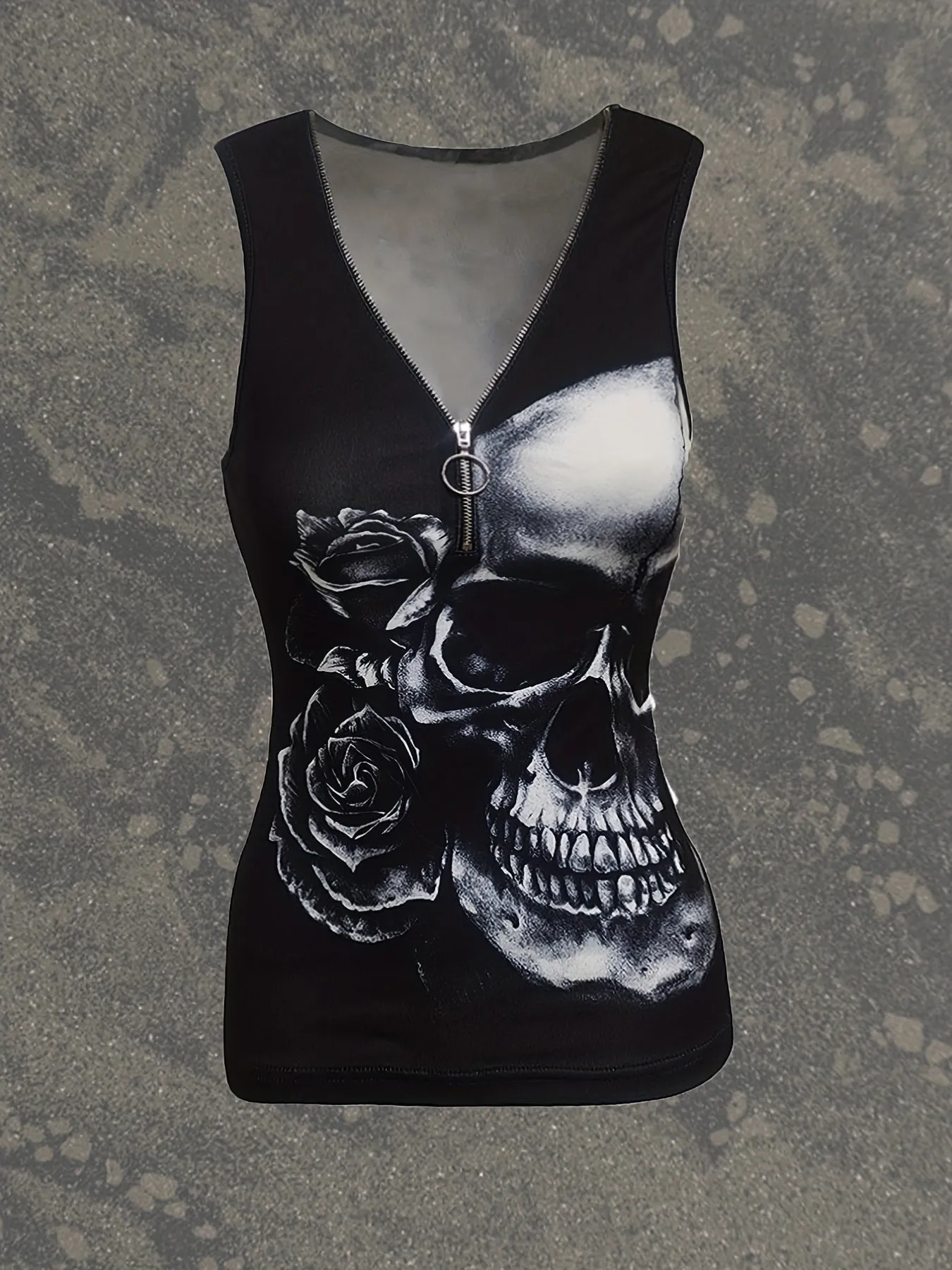 Skull  Flower Print Sleeveless Tank Casual Summer VNeck Top