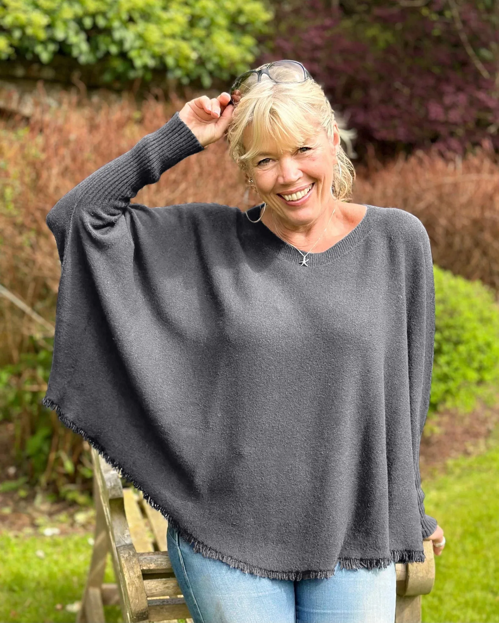 Slash Neck Fringed Poncho Jumper - Charcoal