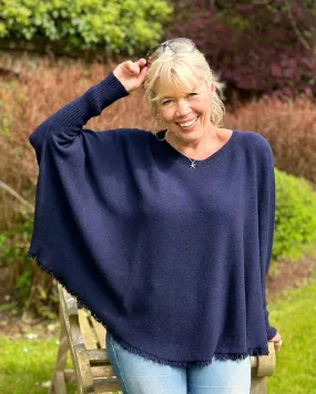 Slash Neck Fringed Poncho Jumper - Navy