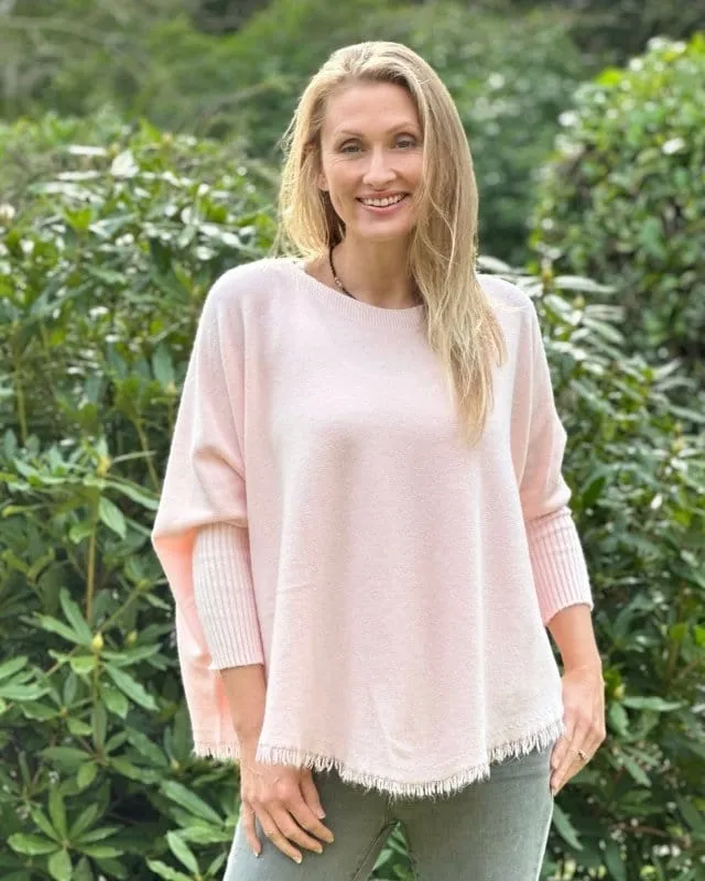 Slash Neck Fringed Poncho Jumper - Pale Pink