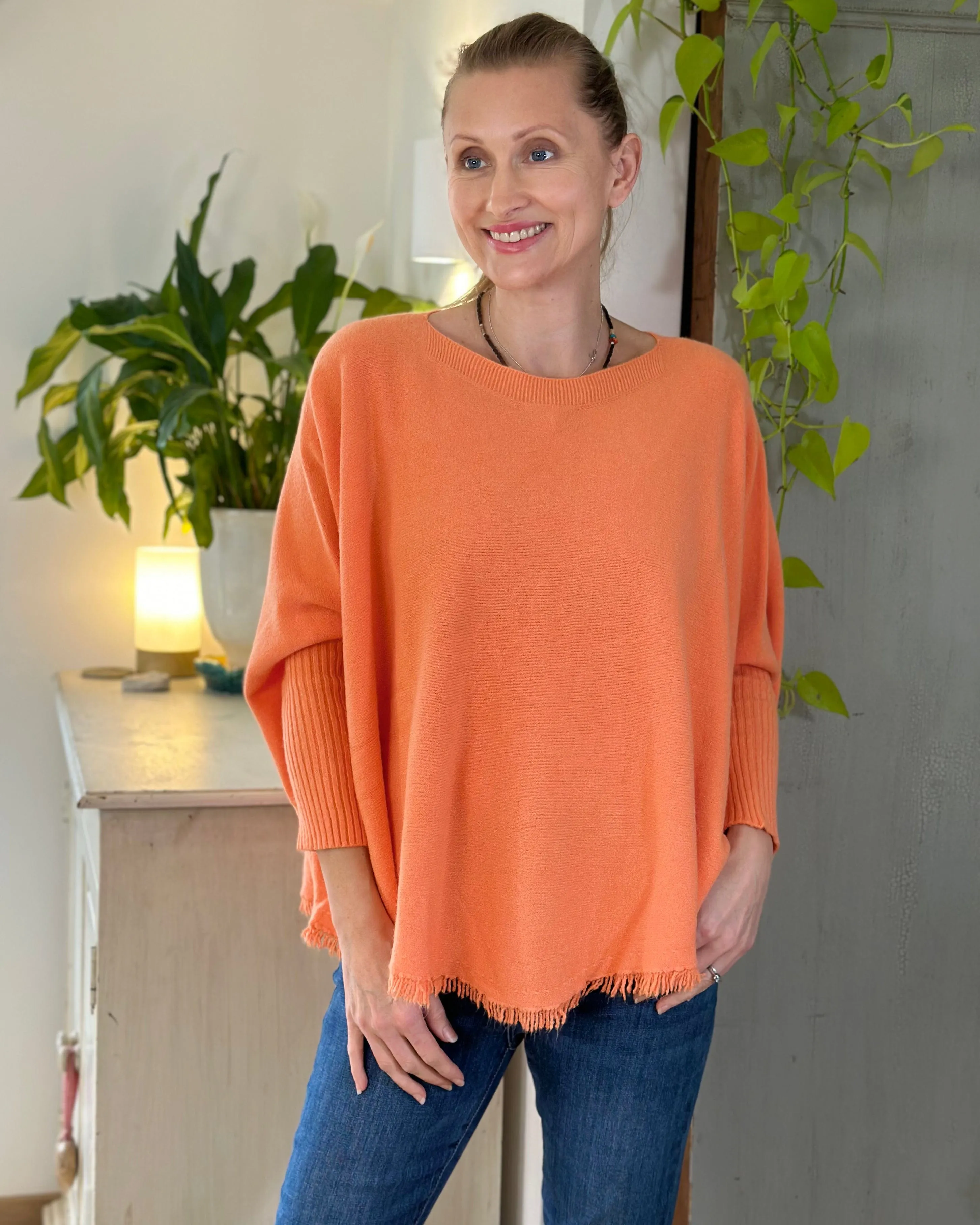 Slash Neck Fringed Poncho Jumper - Soft Orange