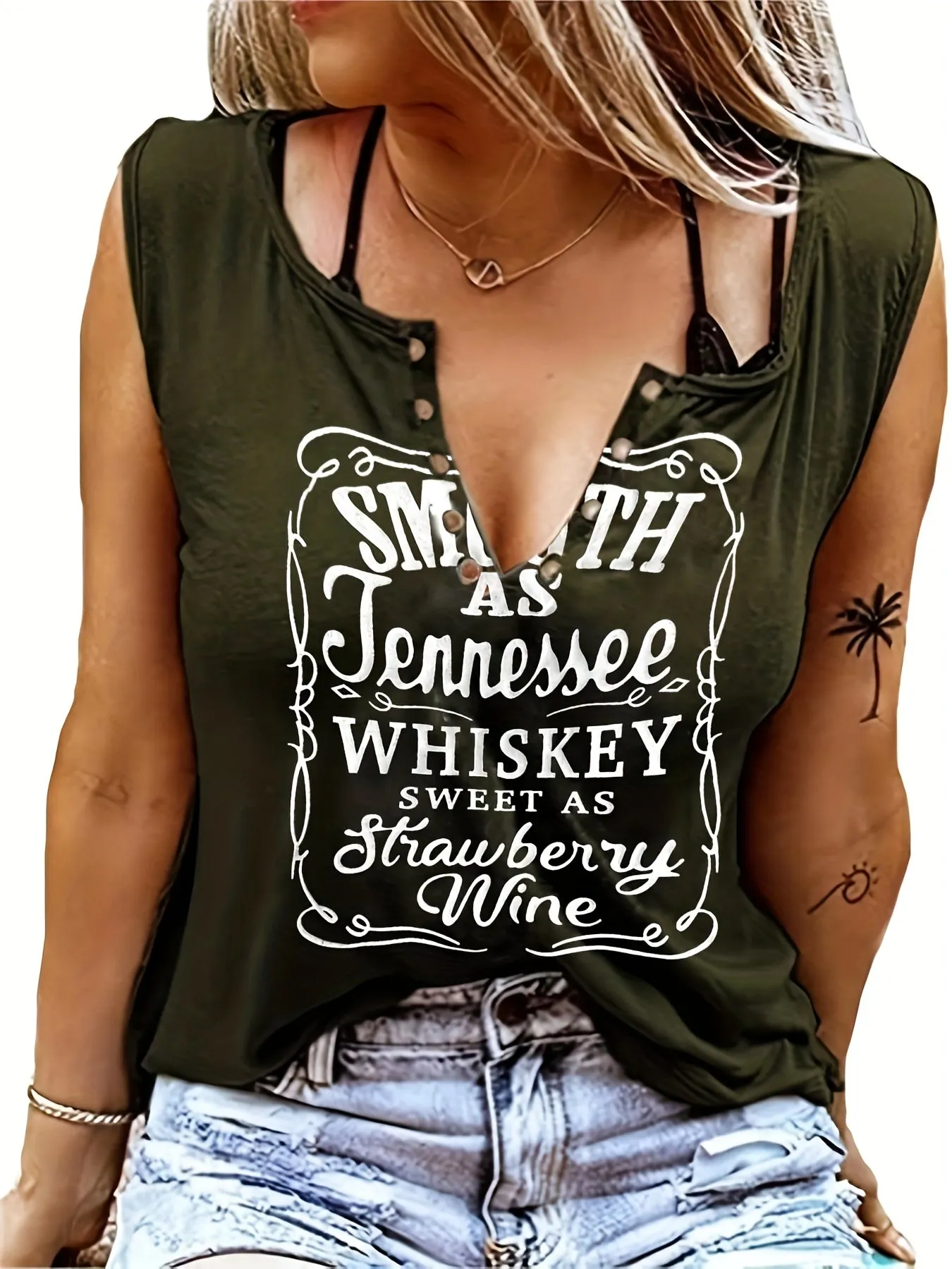 Sleeveless Whiskey Print Tee Perfect for Spring  Summer