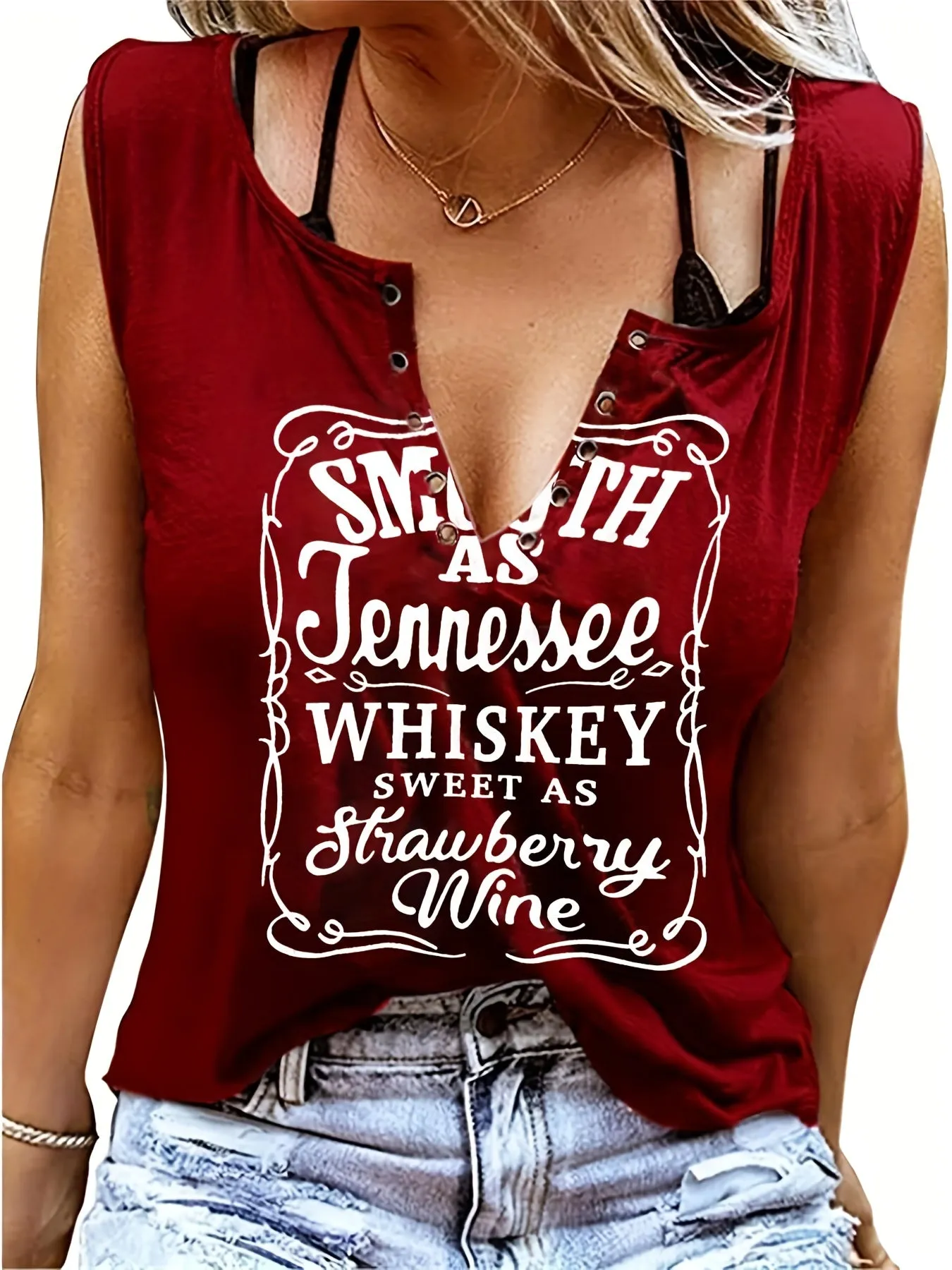 Sleeveless Whiskey Print Tee Perfect for Spring  Summer