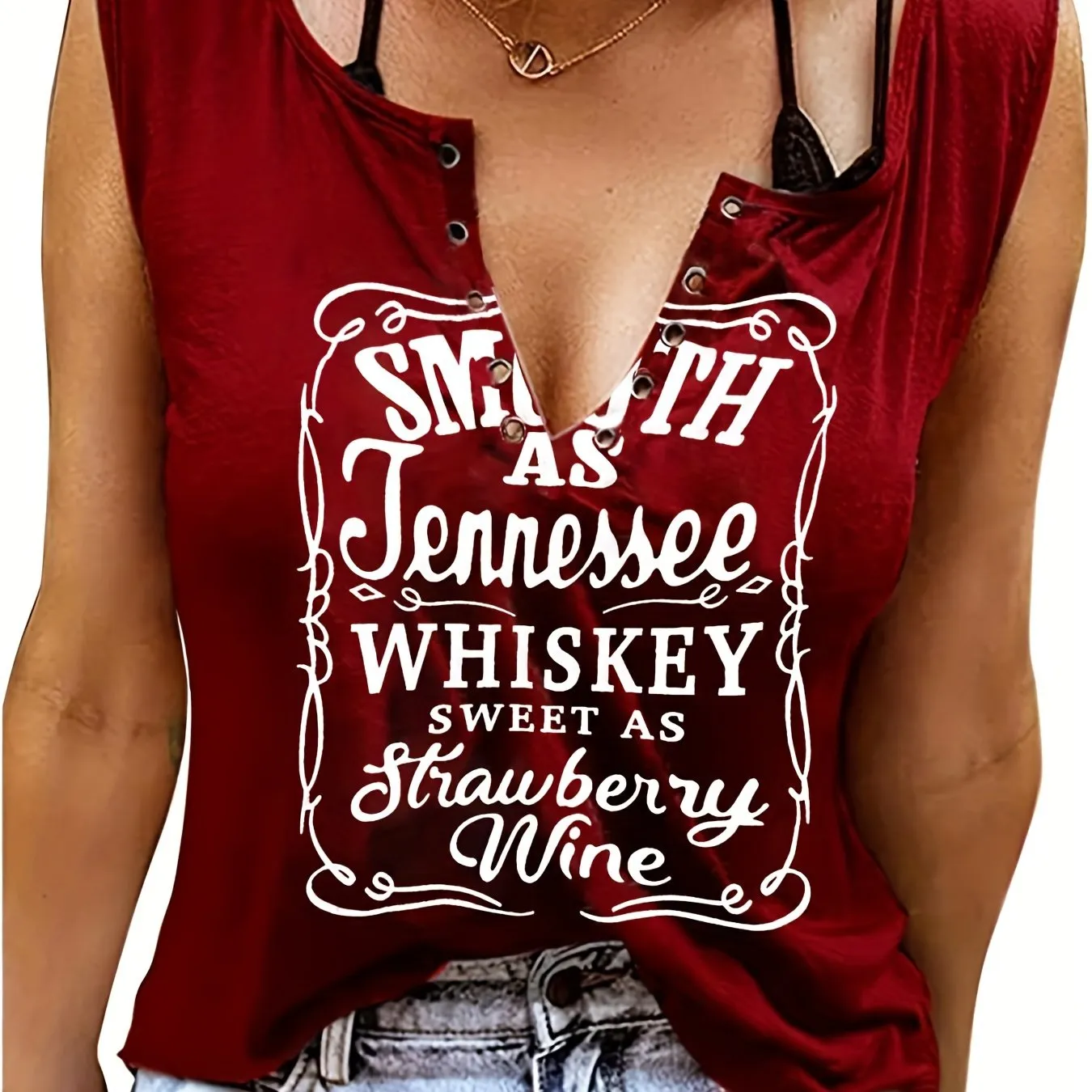 Sleeveless Whiskey Print Tee Perfect for Spring  Summer