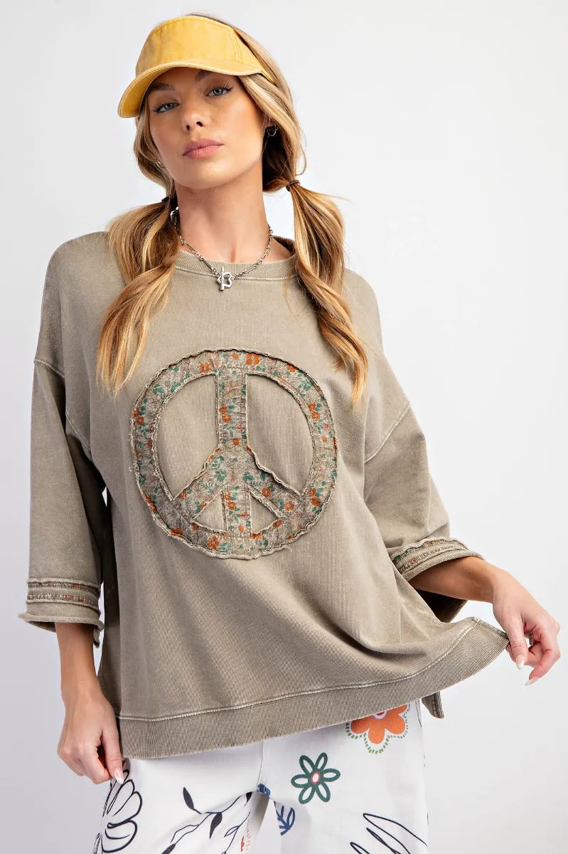 Slub mix ribbed fabric mineral wash top with peace sign symbol RESTOCKED