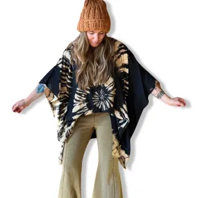 Spiral Black Beige Tie Dye Poncho Hoodie