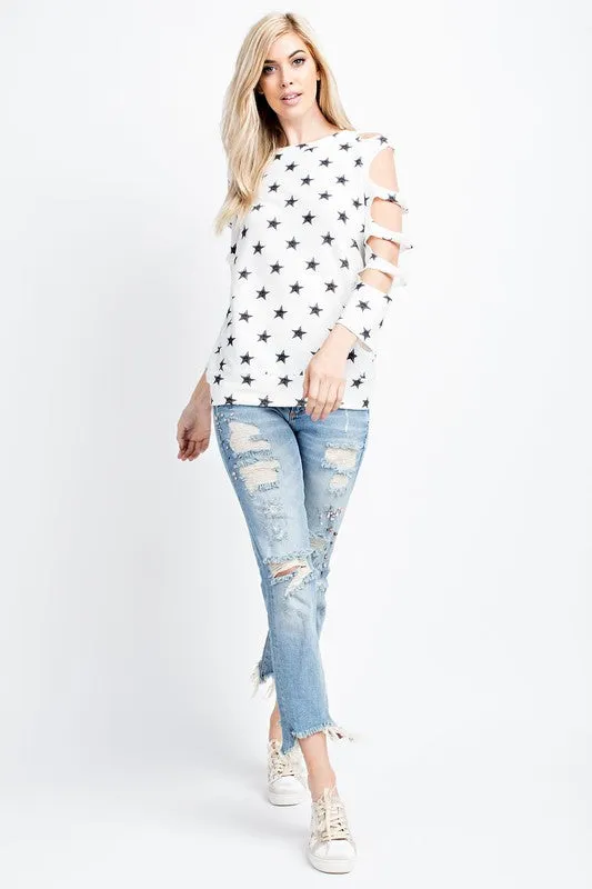 Star Print Top Open Cold Shoulder Long Sleeve White Black Casual