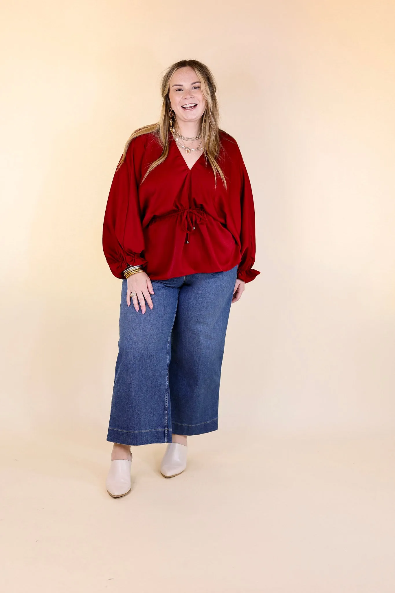 Stating Facts Satin Top with Drawstring Waist in Dark Red