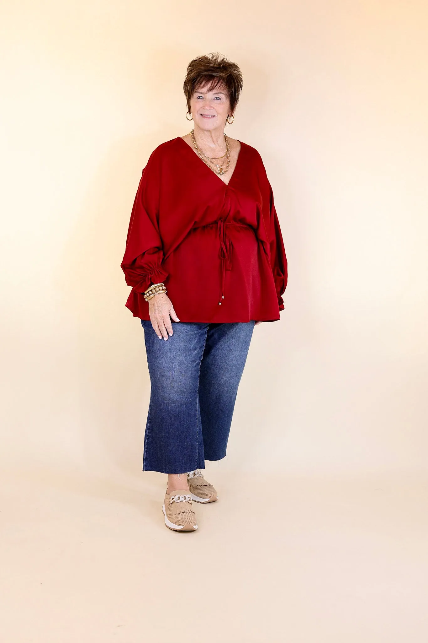 Stating Facts Satin Top with Drawstring Waist in Dark Red