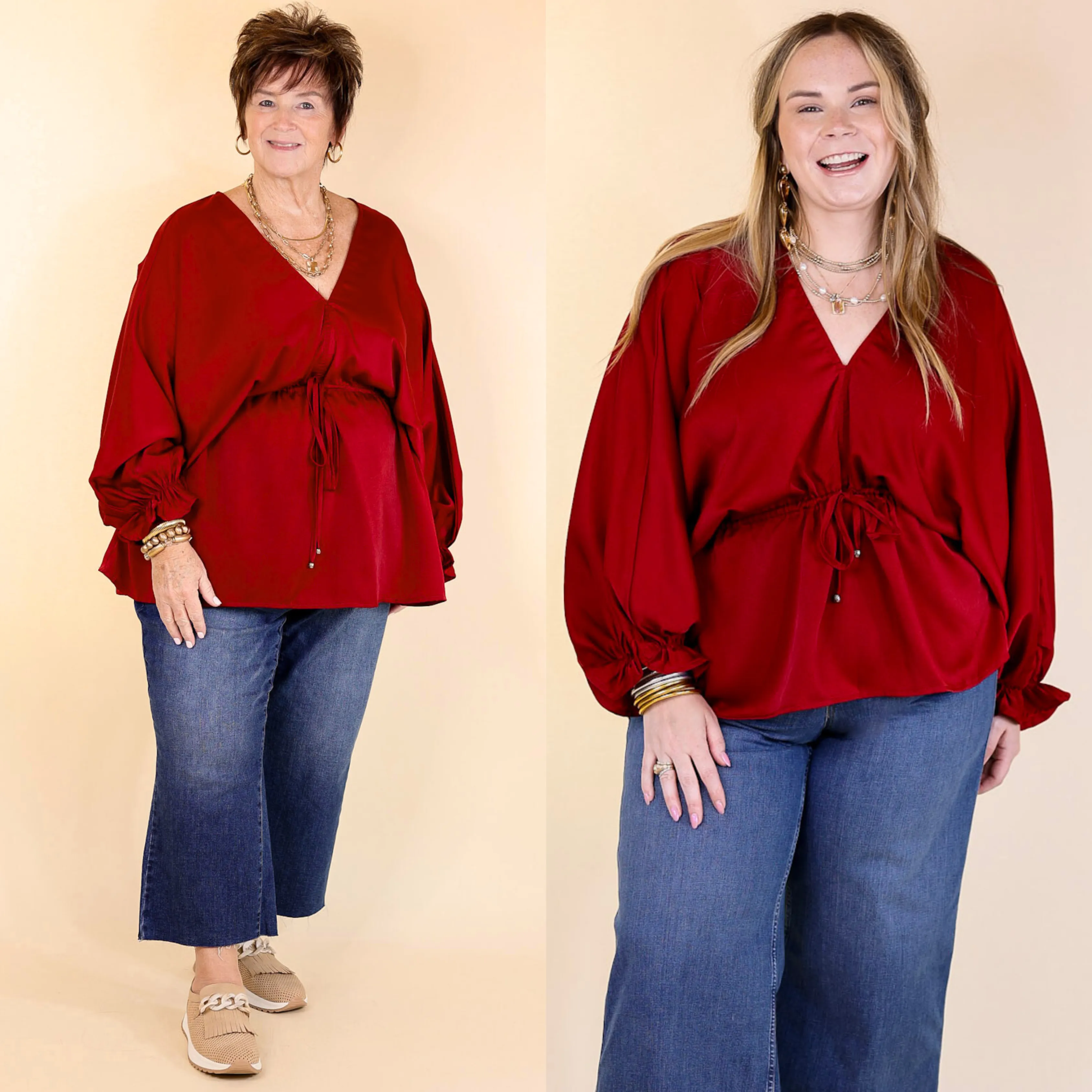 Stating Facts Satin Top with Drawstring Waist in Dark Red