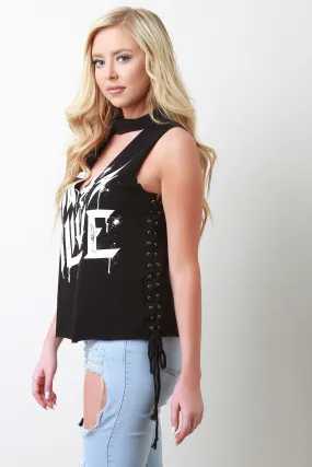 Stay Alive Graphic Cutout Side Lace-Up Top