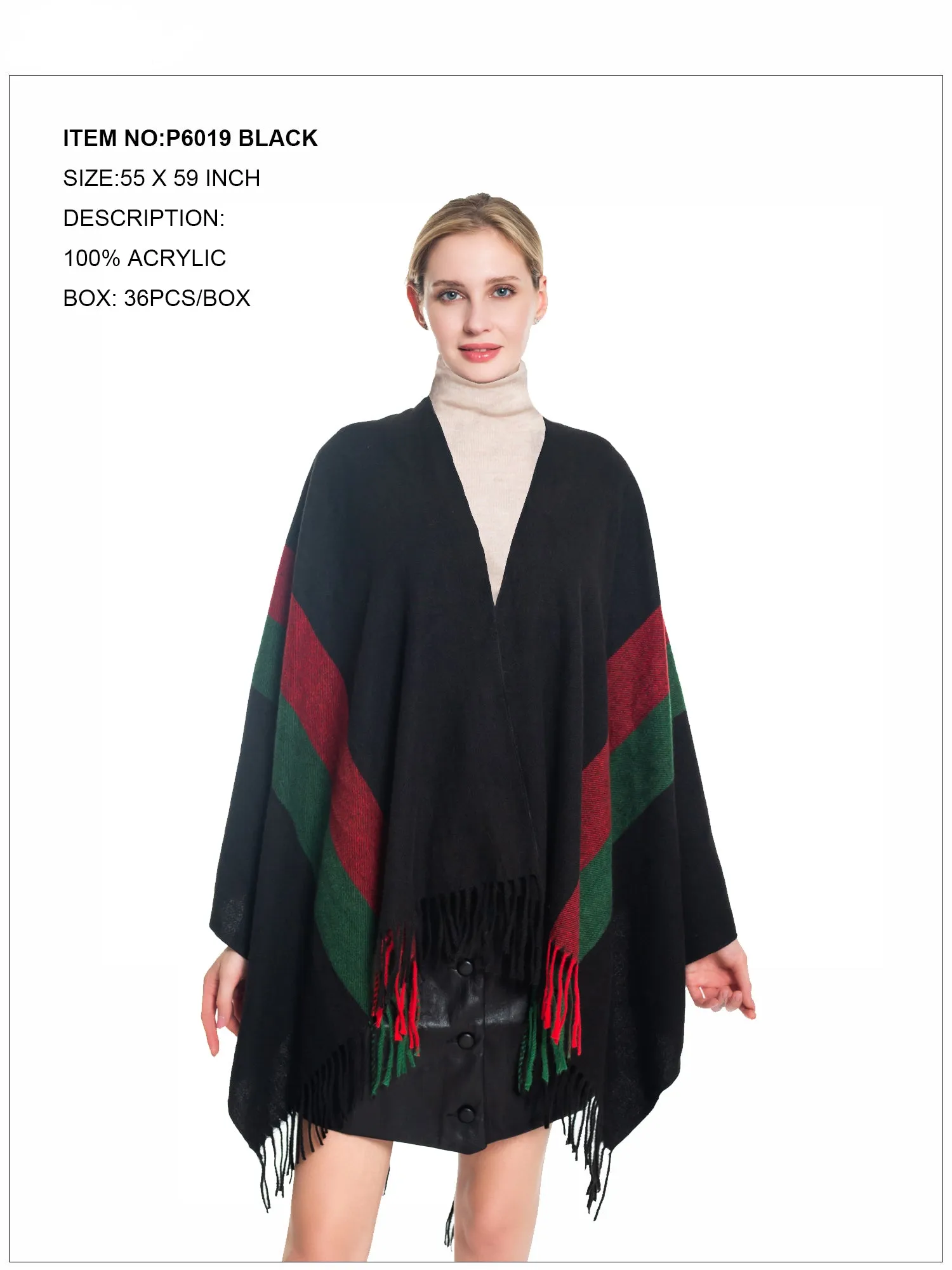 Strip Print Fringe Trim Poncho-Black