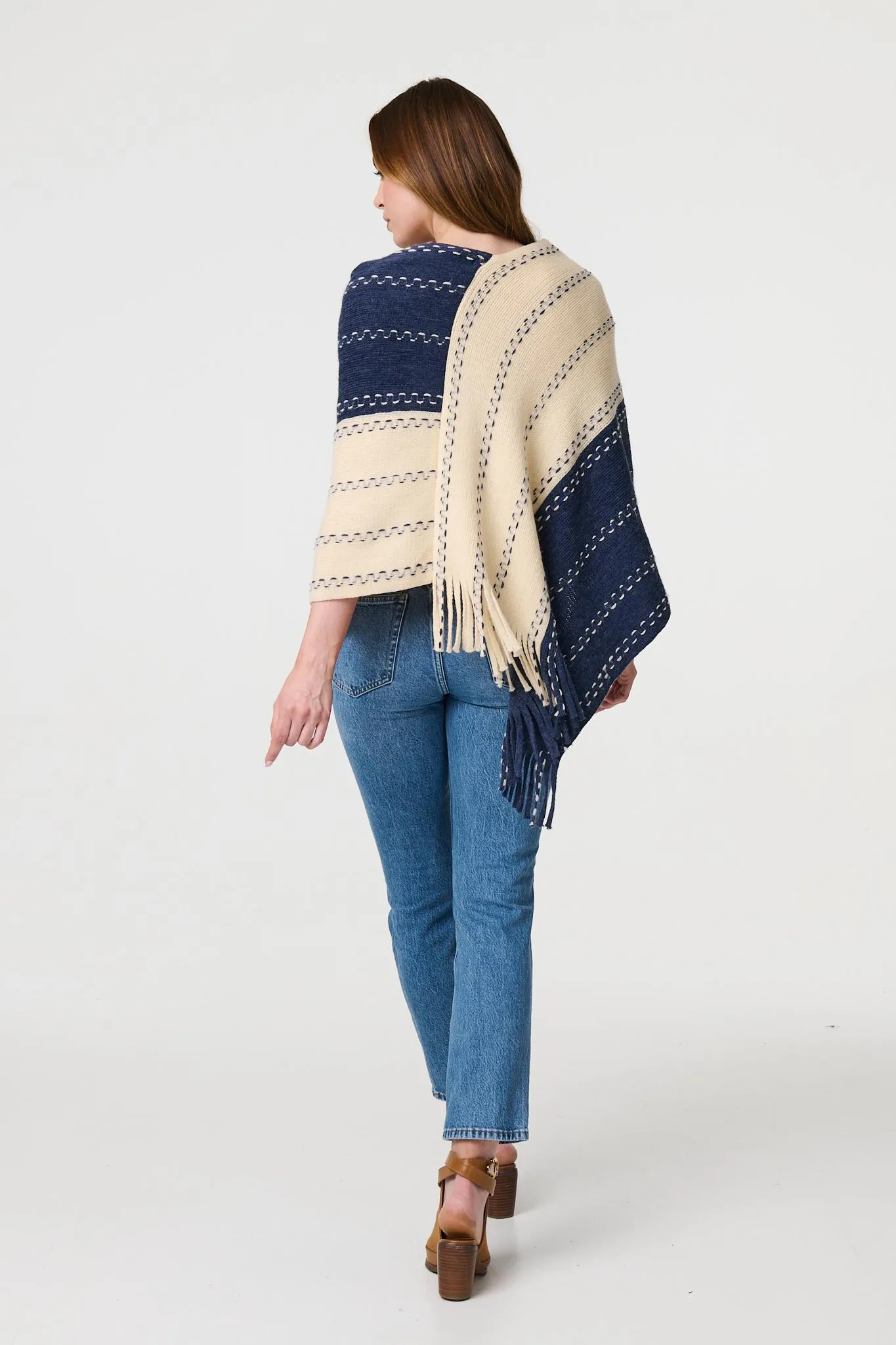 Striped Tassel Trim Oversized Poncho