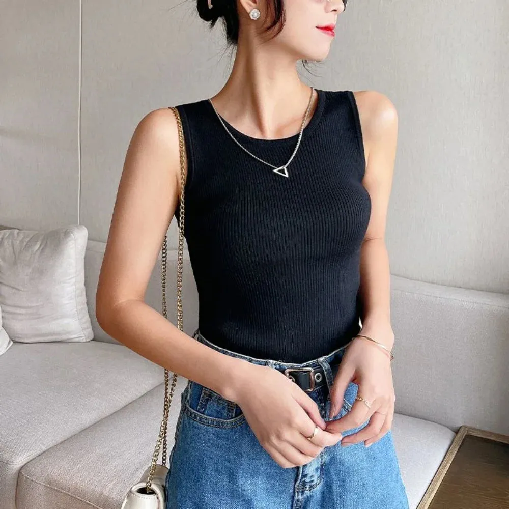 Summer Knit Vest Top Black White T-shirt Women Casual Cropped Strap Sleeveless O Neck Camisole Tank Top Basic Summer Clothes Hot