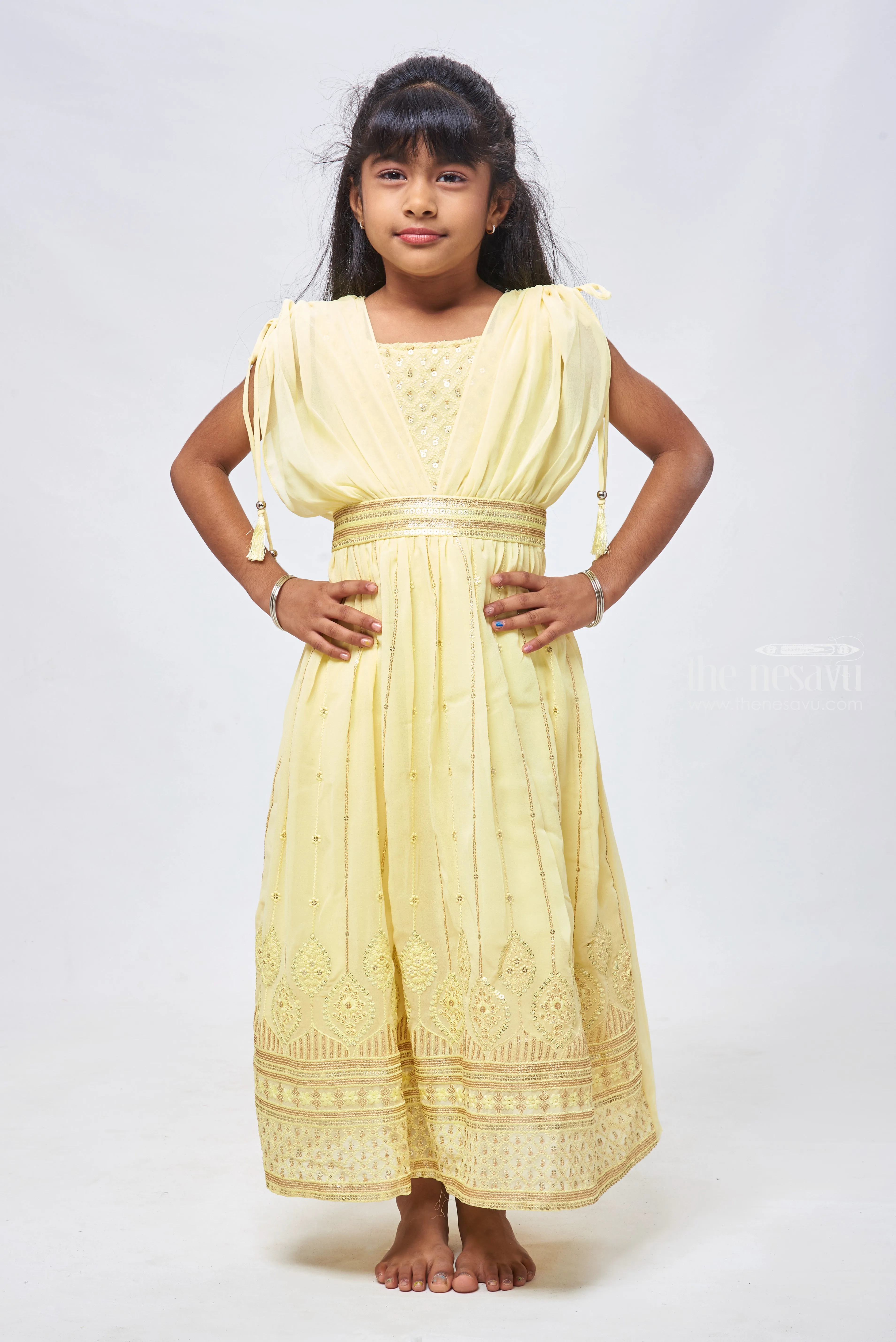 Sunny Yellow Sequins & Poncho Sleeves: Gown Glam for Girls