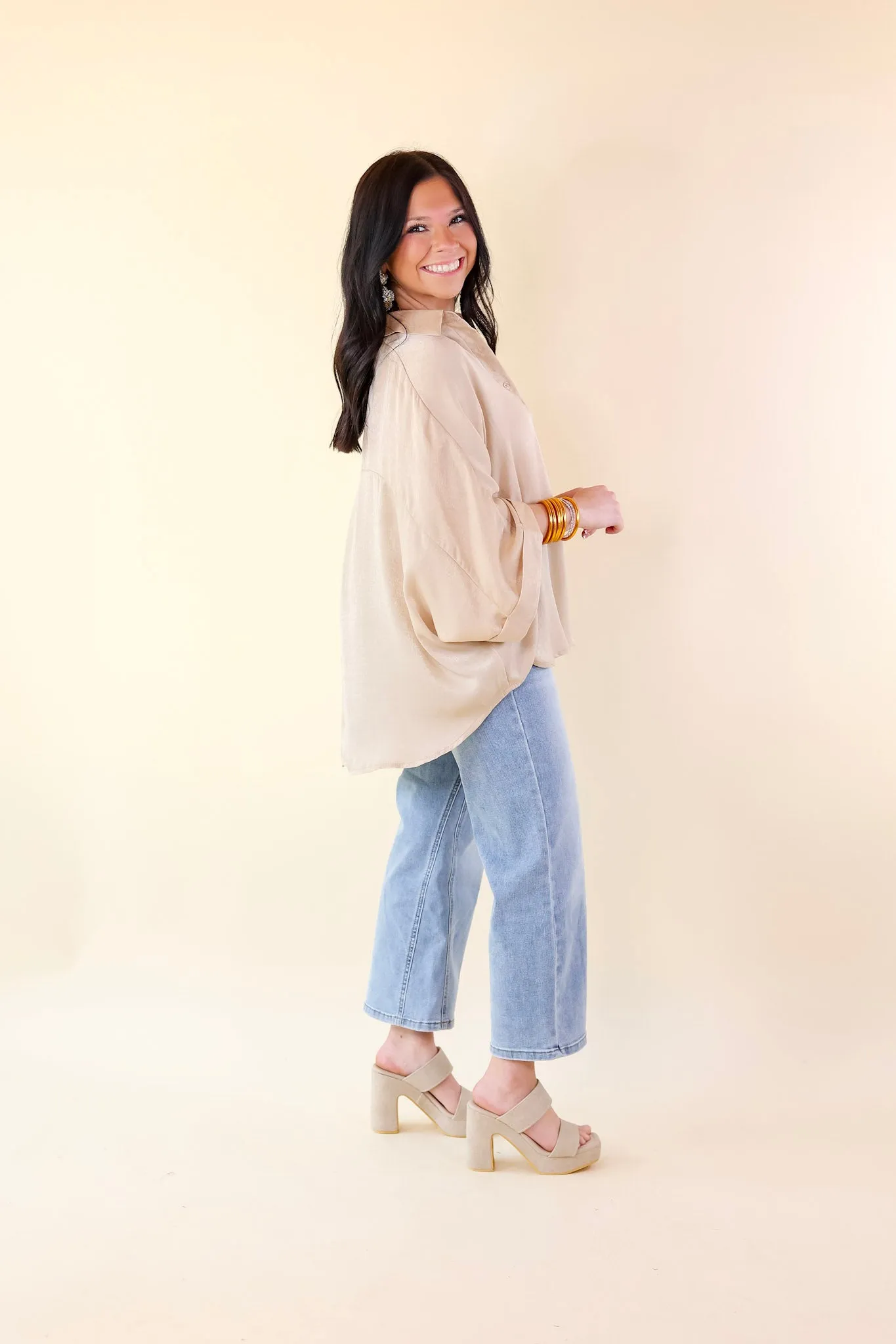 Sweet Surprise Half Button Up Poncho Top with Collared Neckline in Champagne