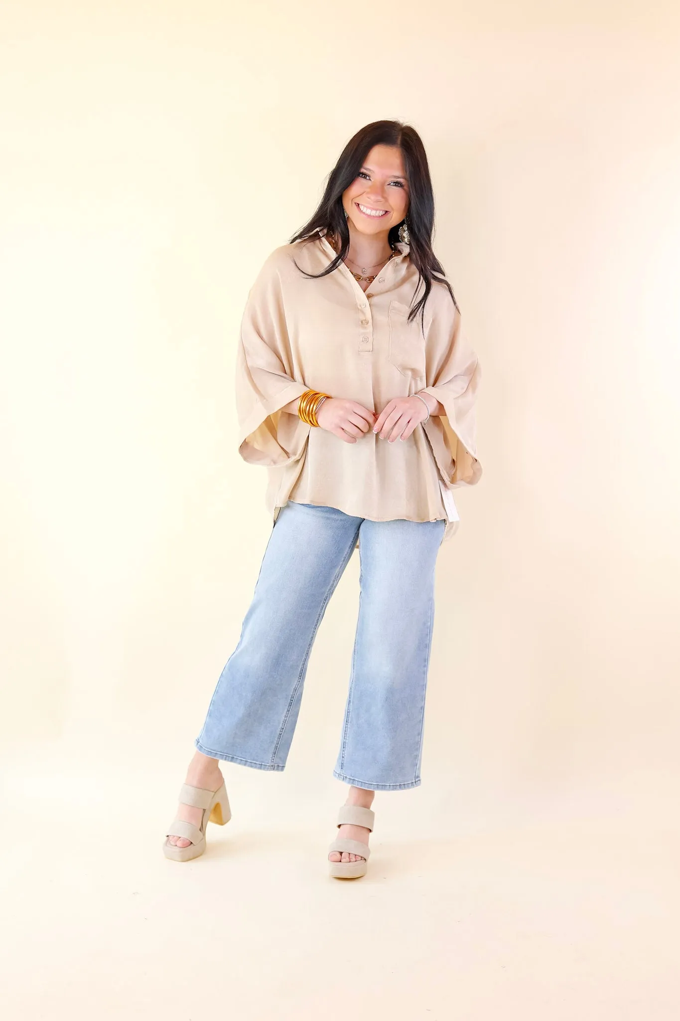 Sweet Surprise Half Button Up Poncho Top with Collared Neckline in Champagne