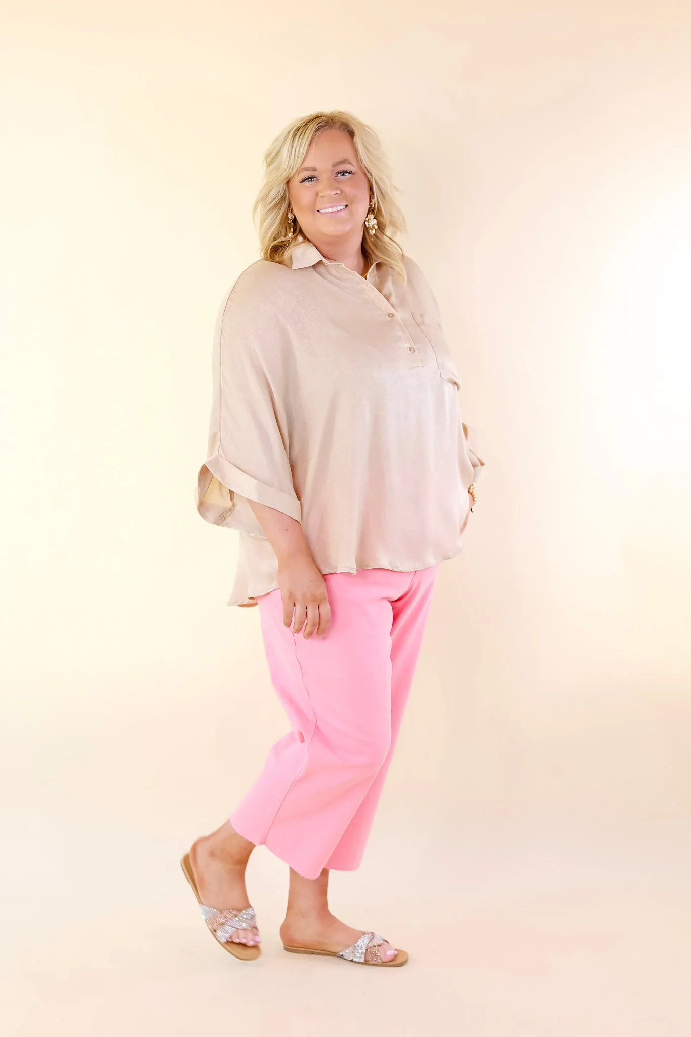 Sweet Surprise Half Button Up Poncho Top with Collared Neckline in Champagne