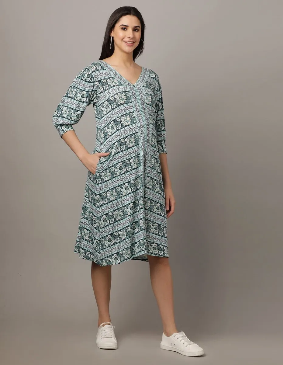 Teal Floral Printed Maternity and Nursing Dress