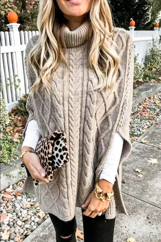 Turtle Neck Cable Tie Knitted Poncho Sweater