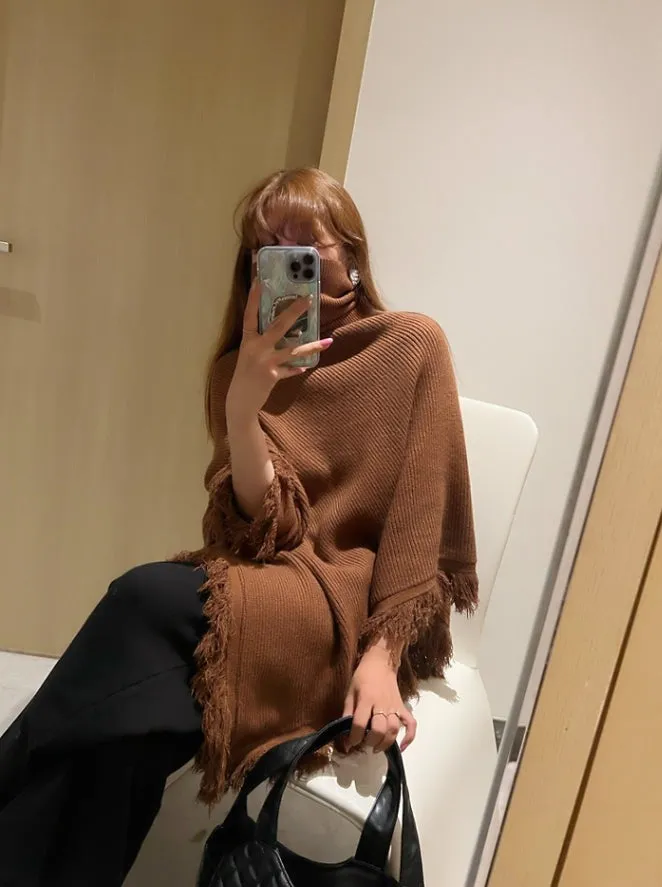 Turtleneck Fringe Knit Poncho HL3818