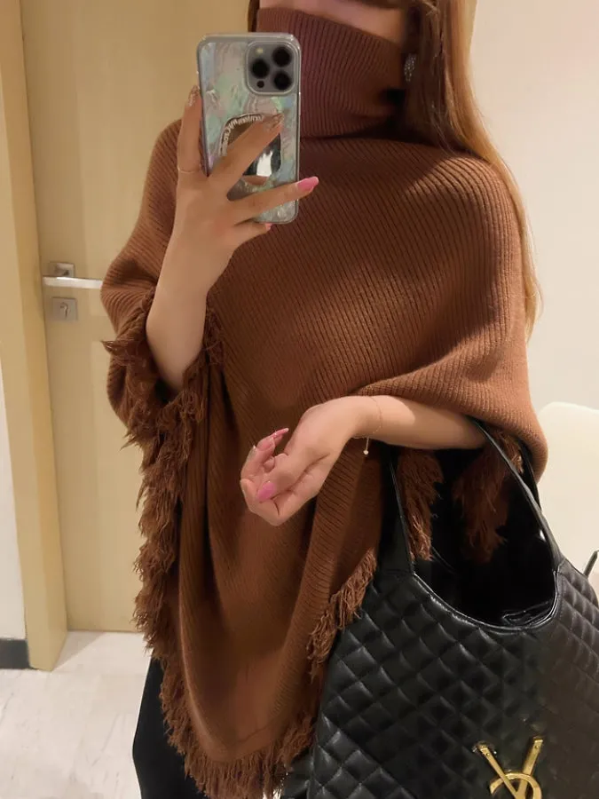 Turtleneck Fringe Knit Poncho HL3818