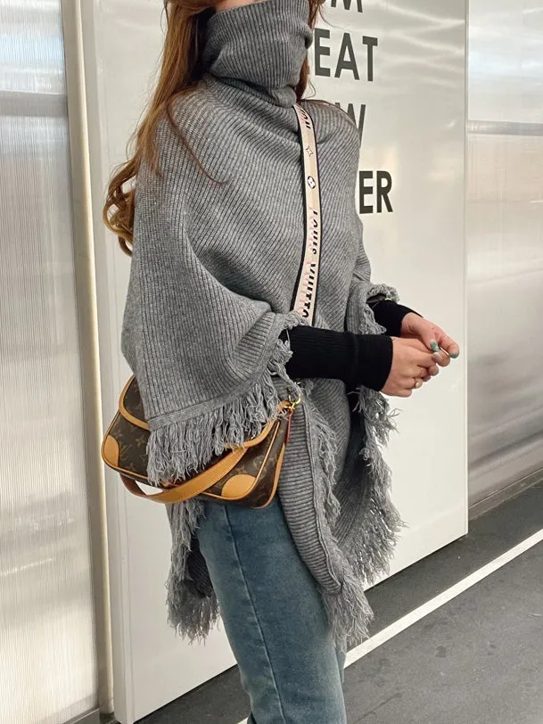 Turtleneck Fringe Knit Poncho HL3818