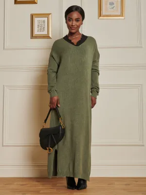 V-Neck Knitted Longline Dress, Soldier Green