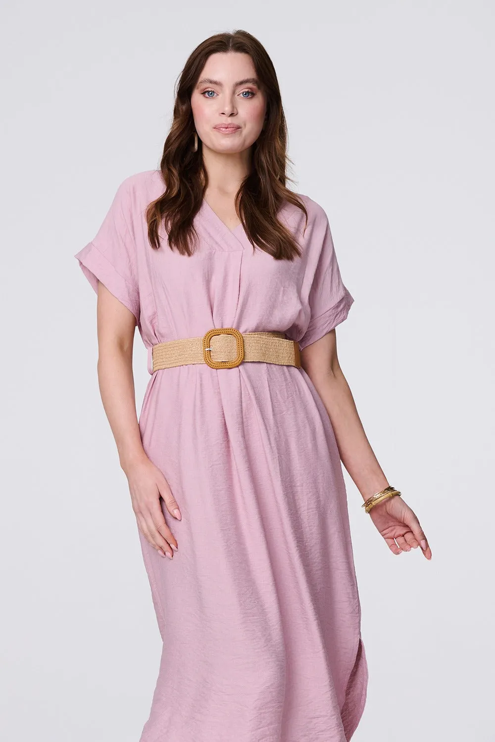 V-Neck Short Sleeve Belted Tunic Dress